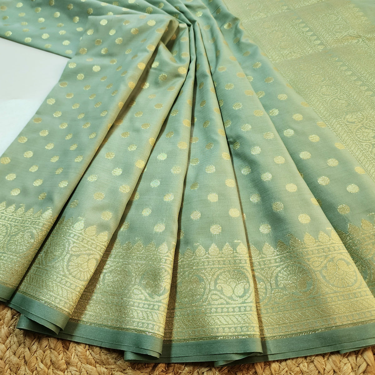 Aqua Blue Banarasi Silk Dupatta with Gold Polka Dot