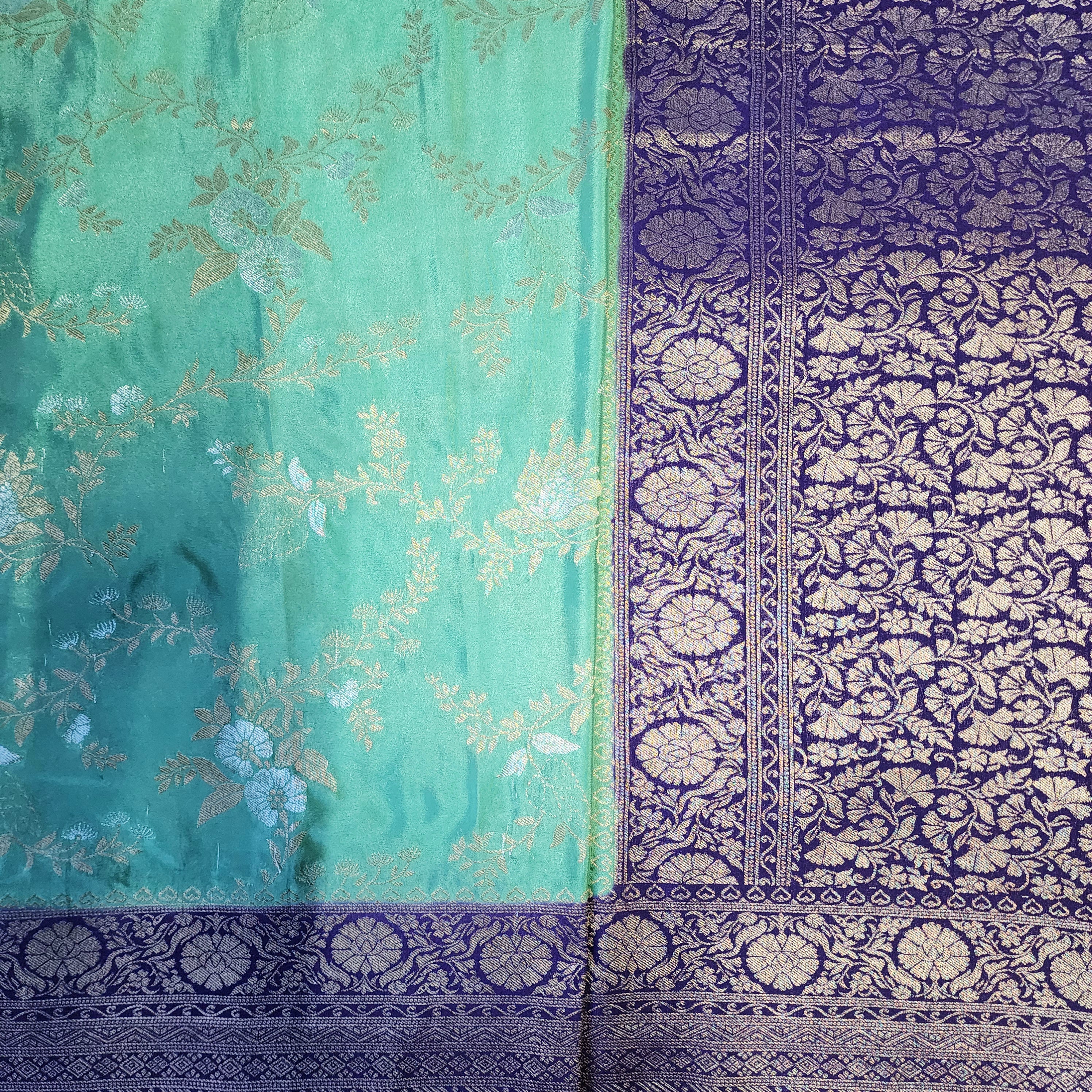 Mint Green Crepe Chiffon Saree with Violet Border