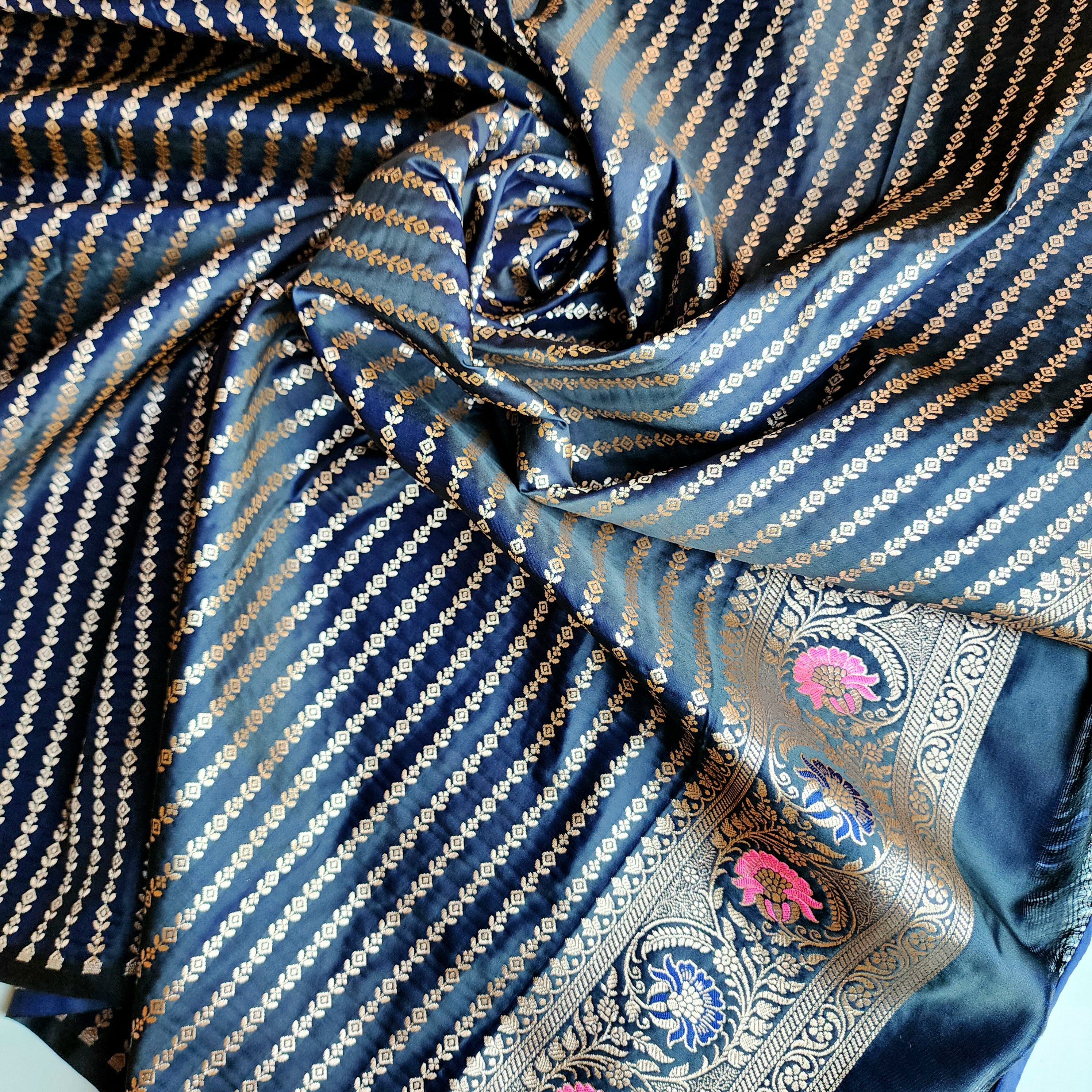 Enriched Midnight Blue Banarasi Katan Silk Saree with Multicolor Meenakari Floral Jaal