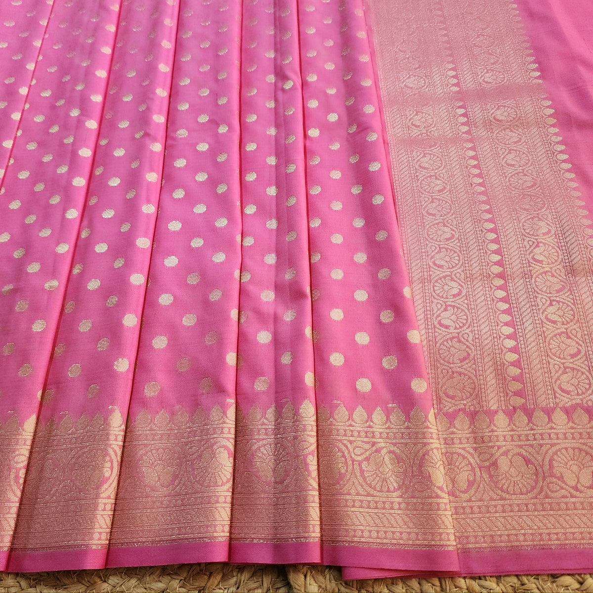 Rani Pink Banarasi Silk Dupatta with Gold Polka Dot