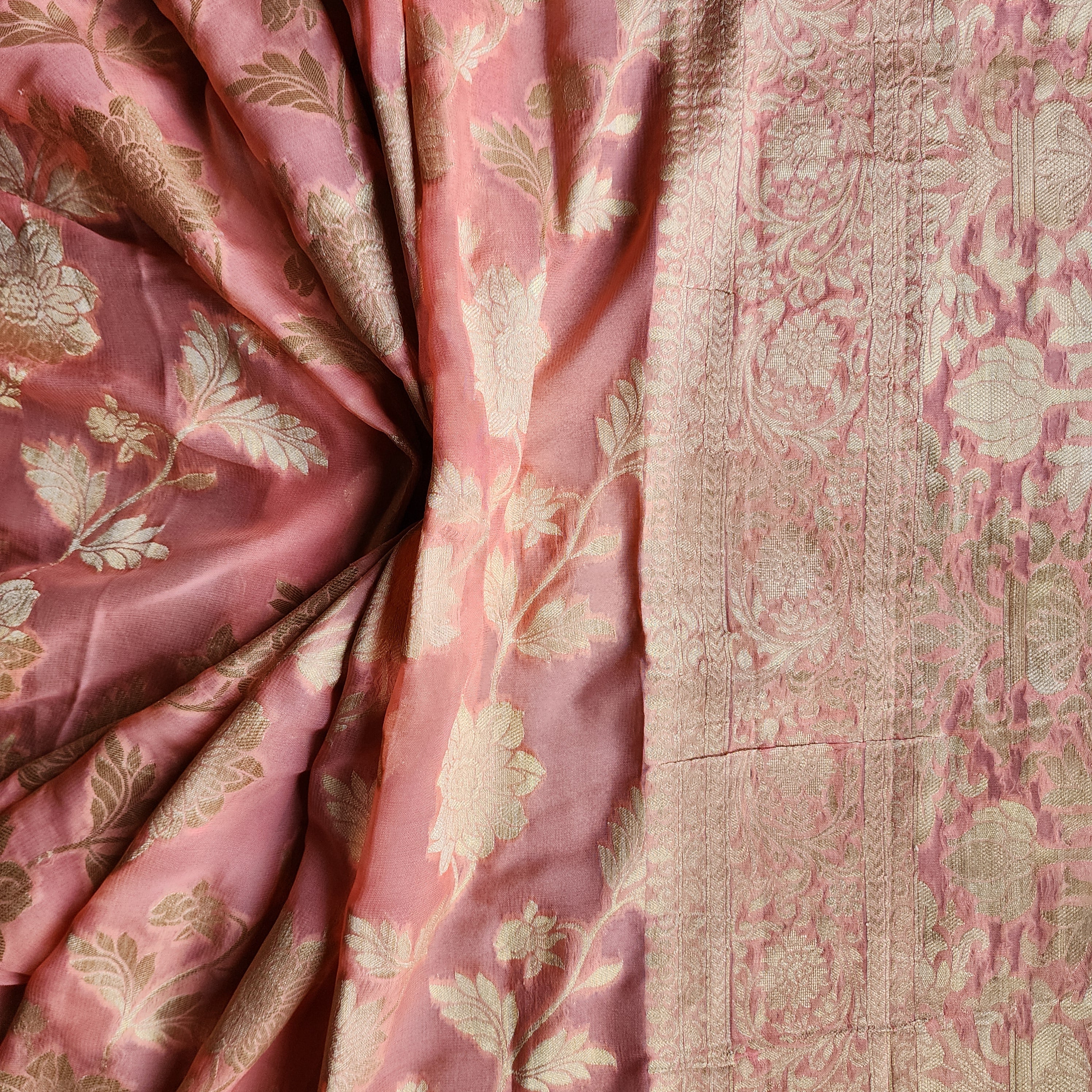 Khaddi Georgette Pure Banarasi Saree in Coral Shade