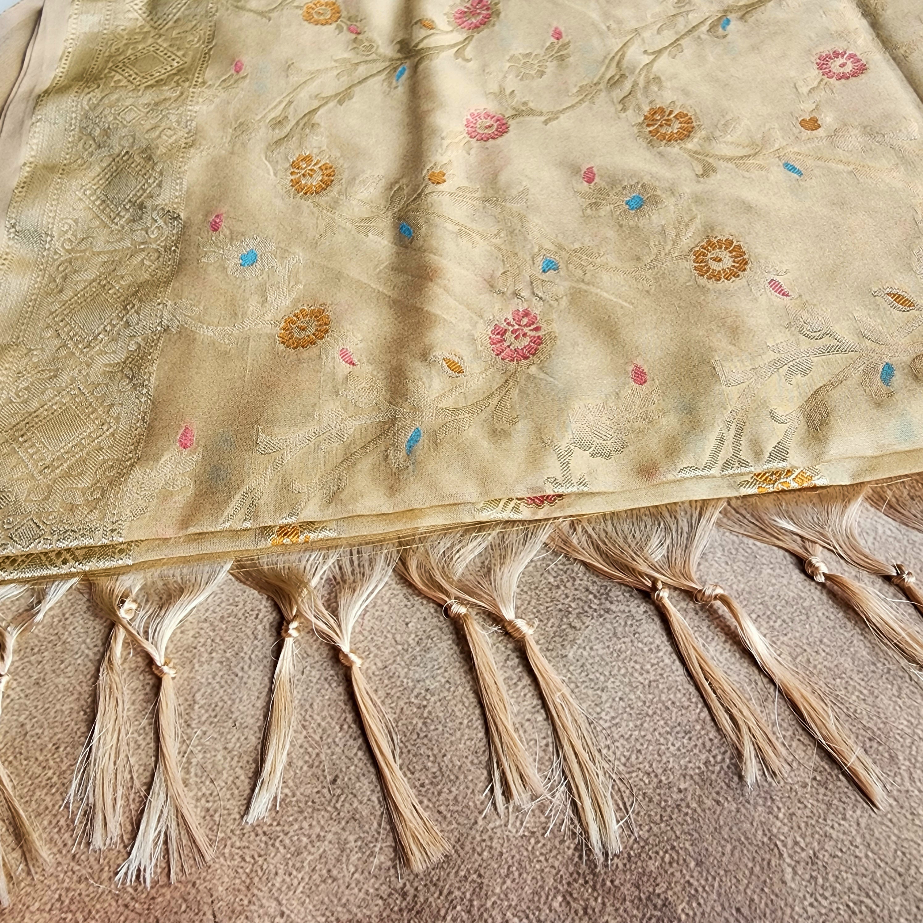 Golden Grid Banarasi Silk Dupatta with Meenakari Work in Beige