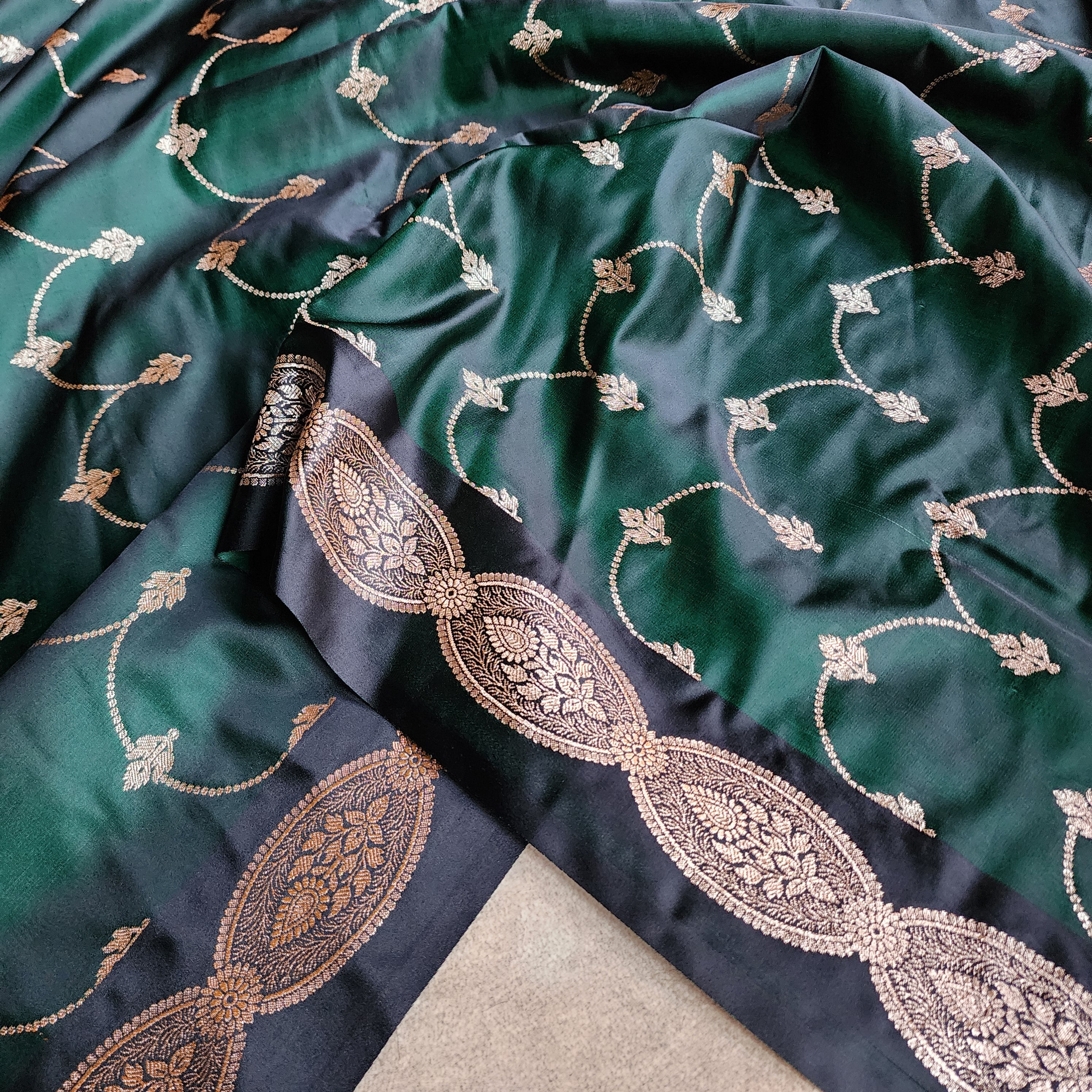 Bottle Green Banarasi Katan Silk Saree with Gold Zari Weaving