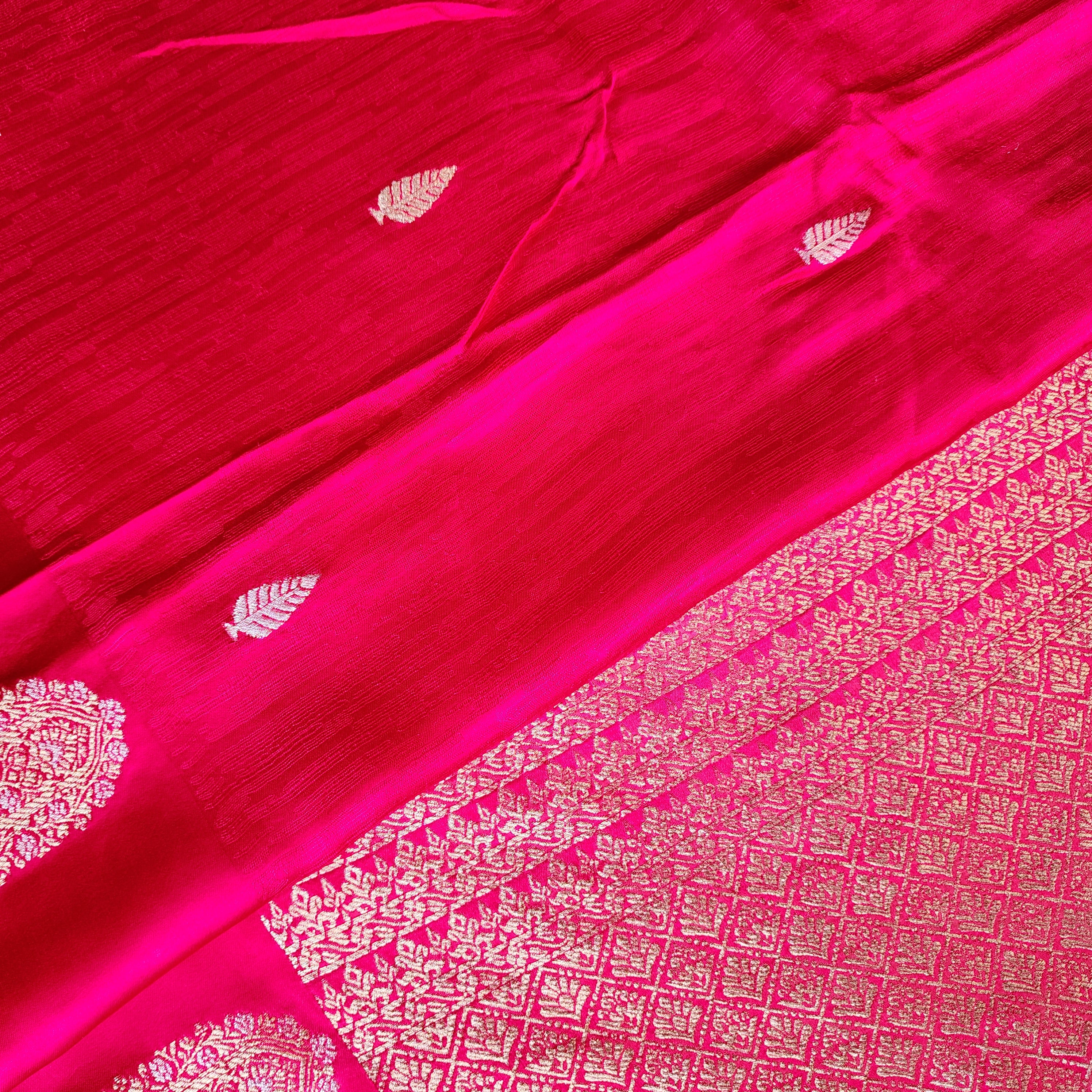 Bright Rani Pink Mashru Tanchoi Saree with Gold Zari