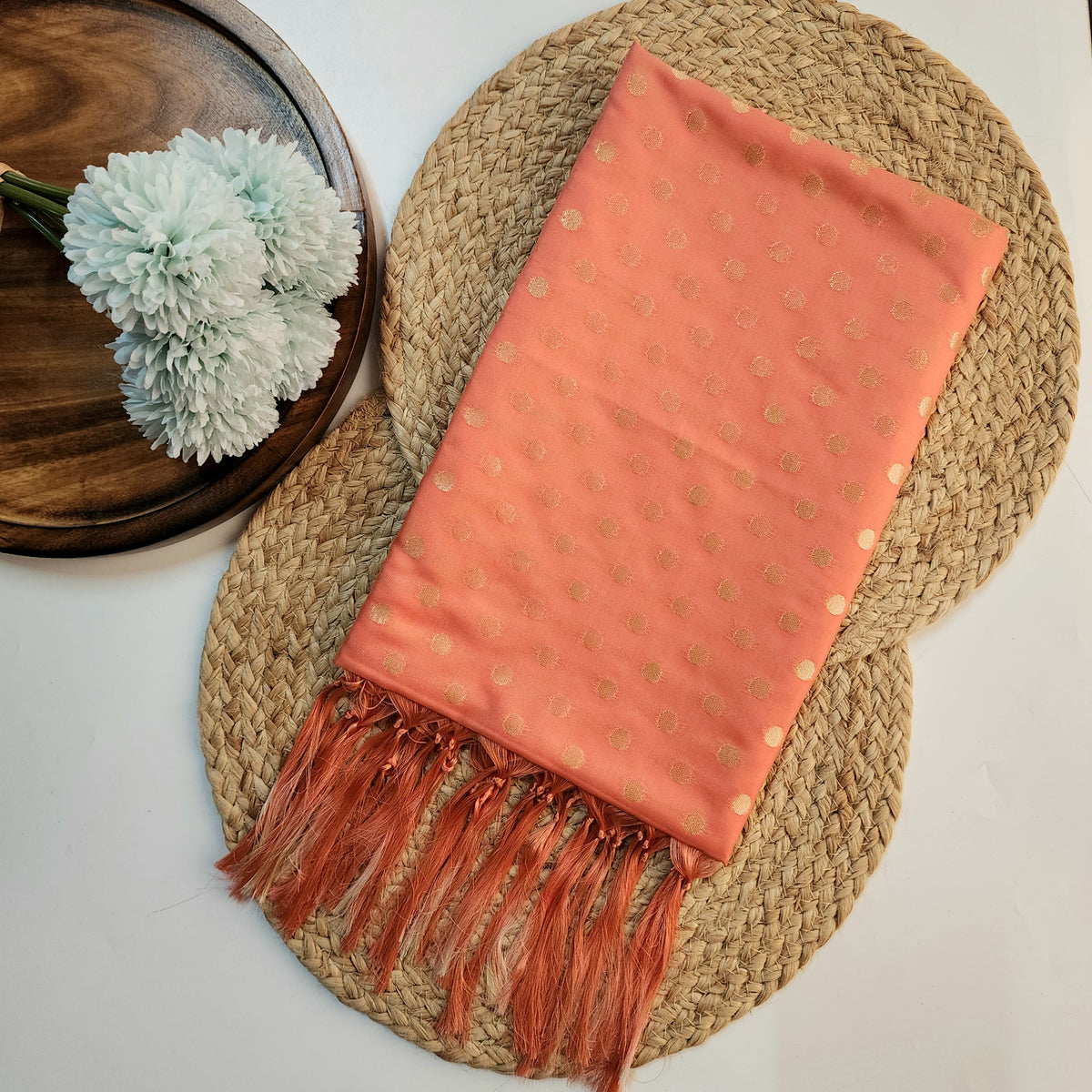 Coral Peach Banarasi Silk Dupatta with Gold Polka Dot