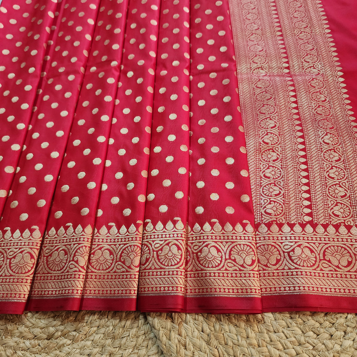 Classic Red Banarasi Silk Dupatta with Gold Polka Dot