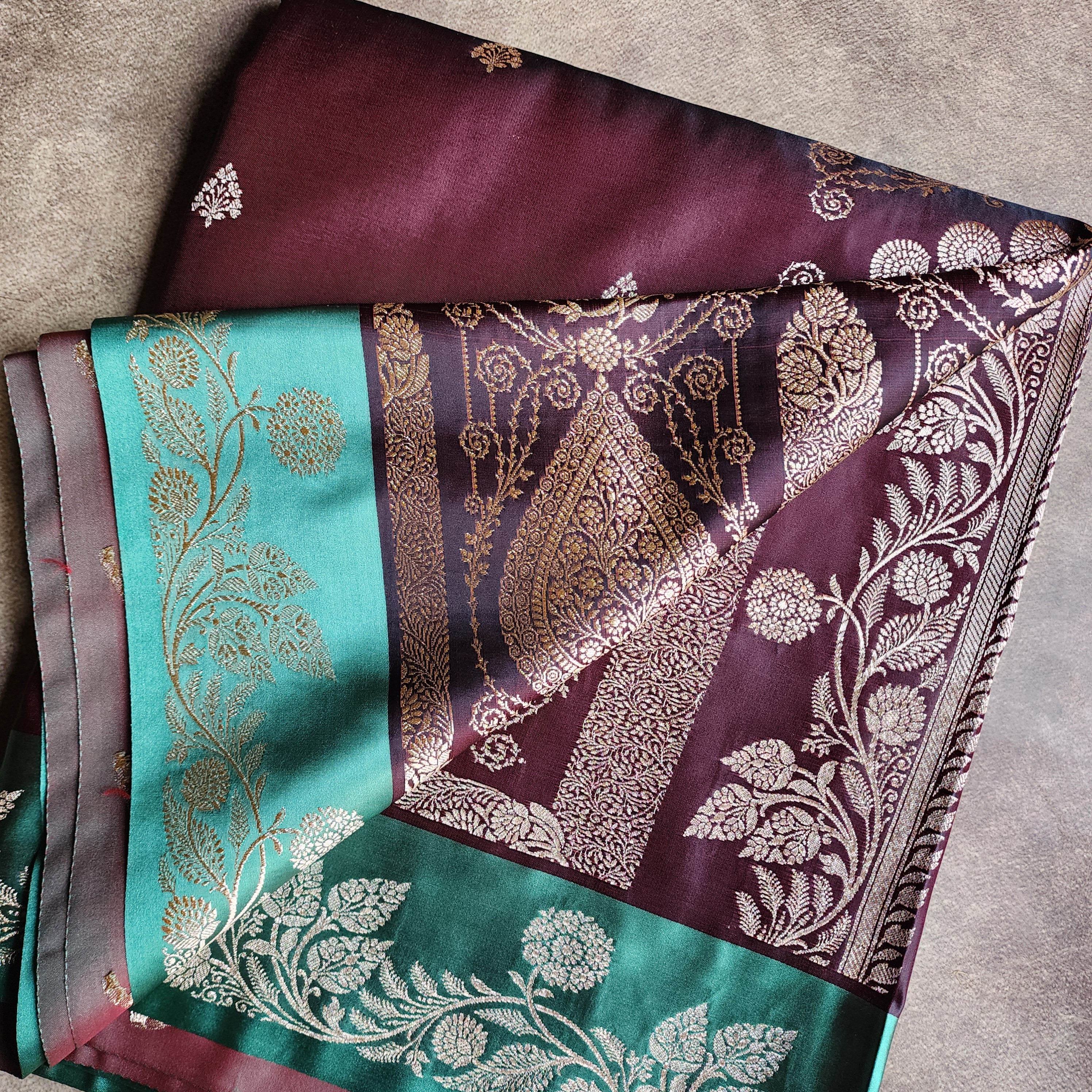 Chocolate Brown Pure Banarasi Katan Silk Saree with Sea Green Border