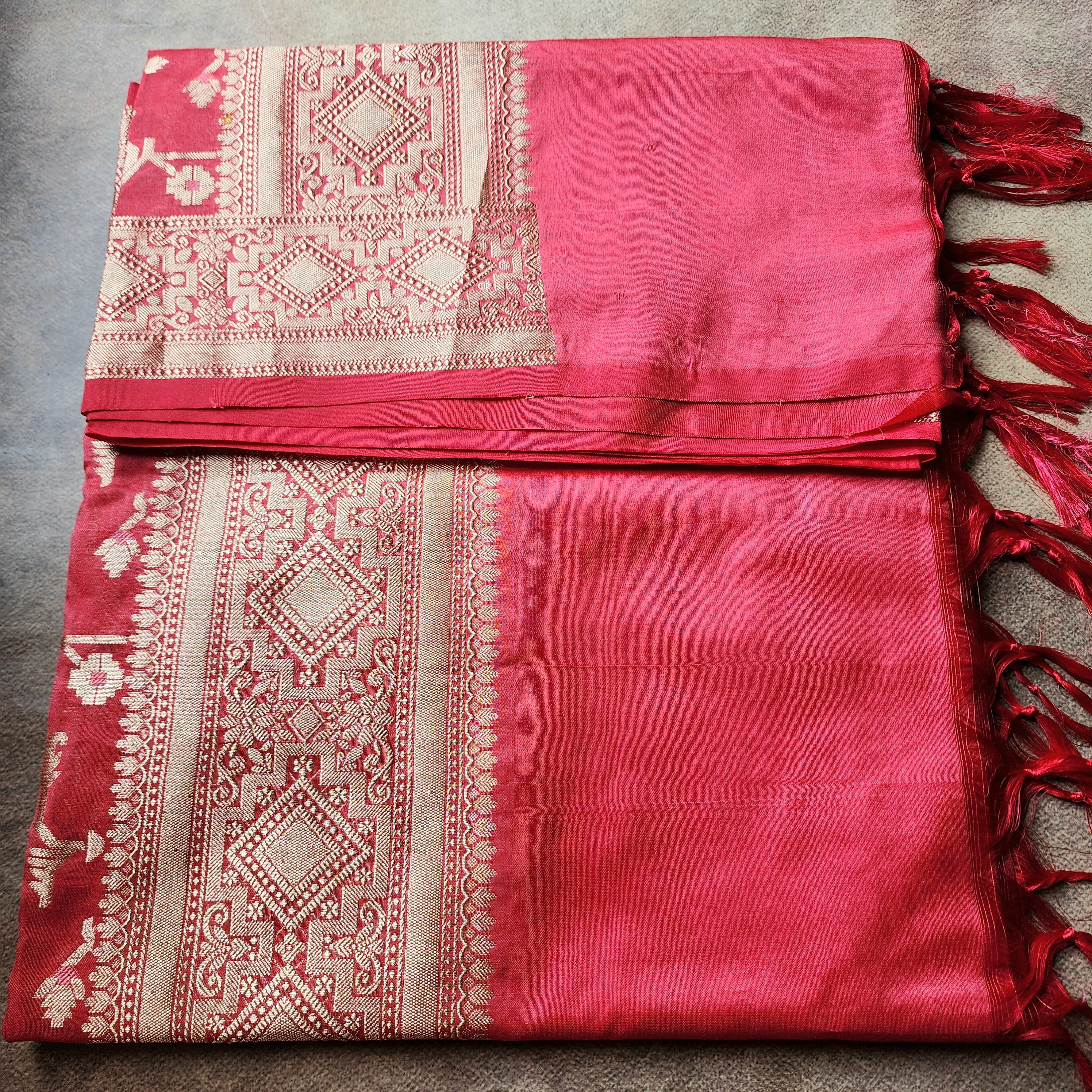 Golden Grid Banarasi Silk Dupatta with Meenakari Work in Brick Red