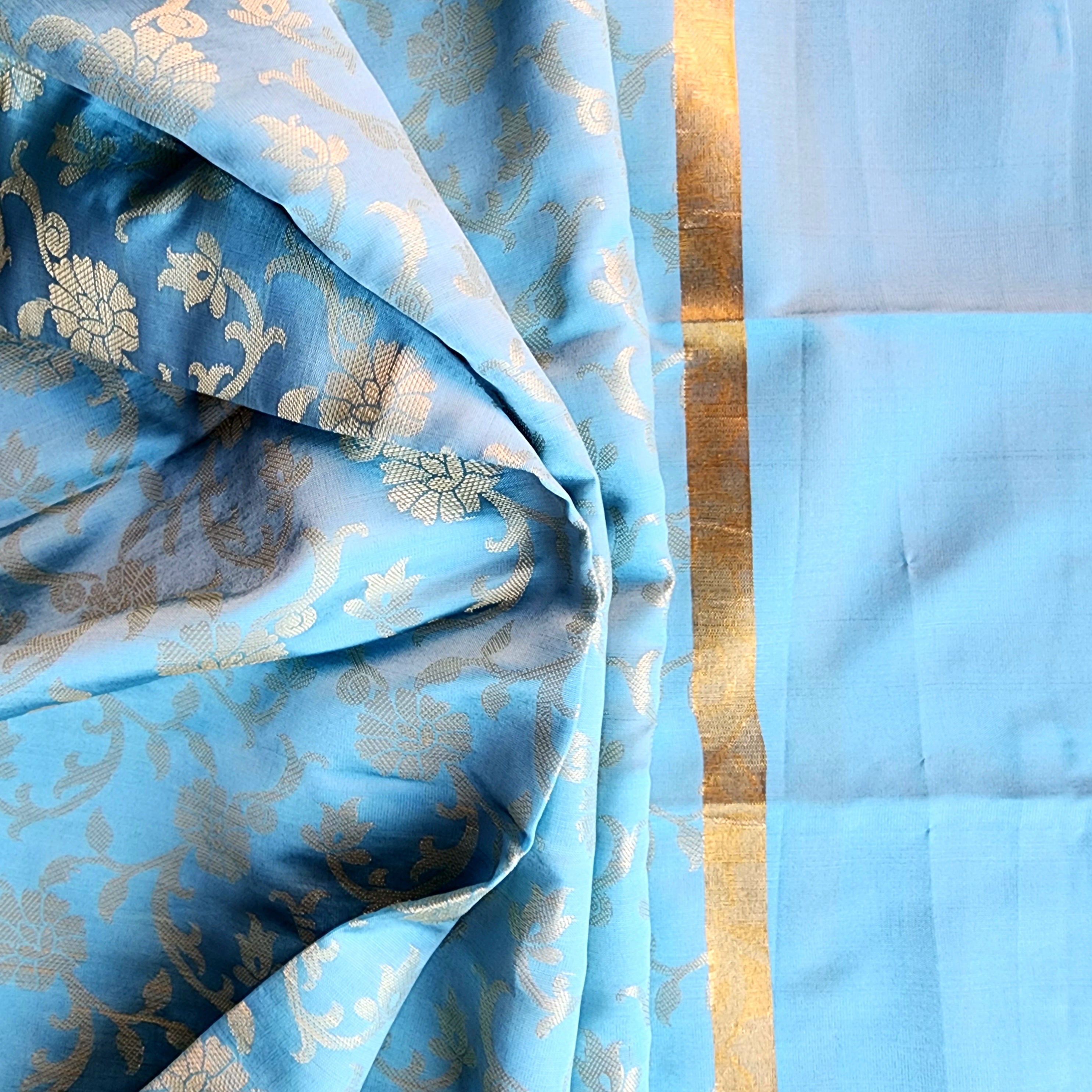 Aqua Blue Banarasi Tapetta Silk Dupatta with Gold Floral Weave