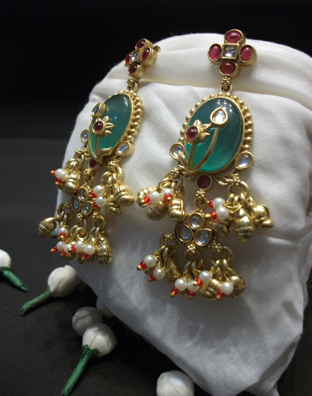 Antique Gold Oval Green Cabochon Statement Earrings
