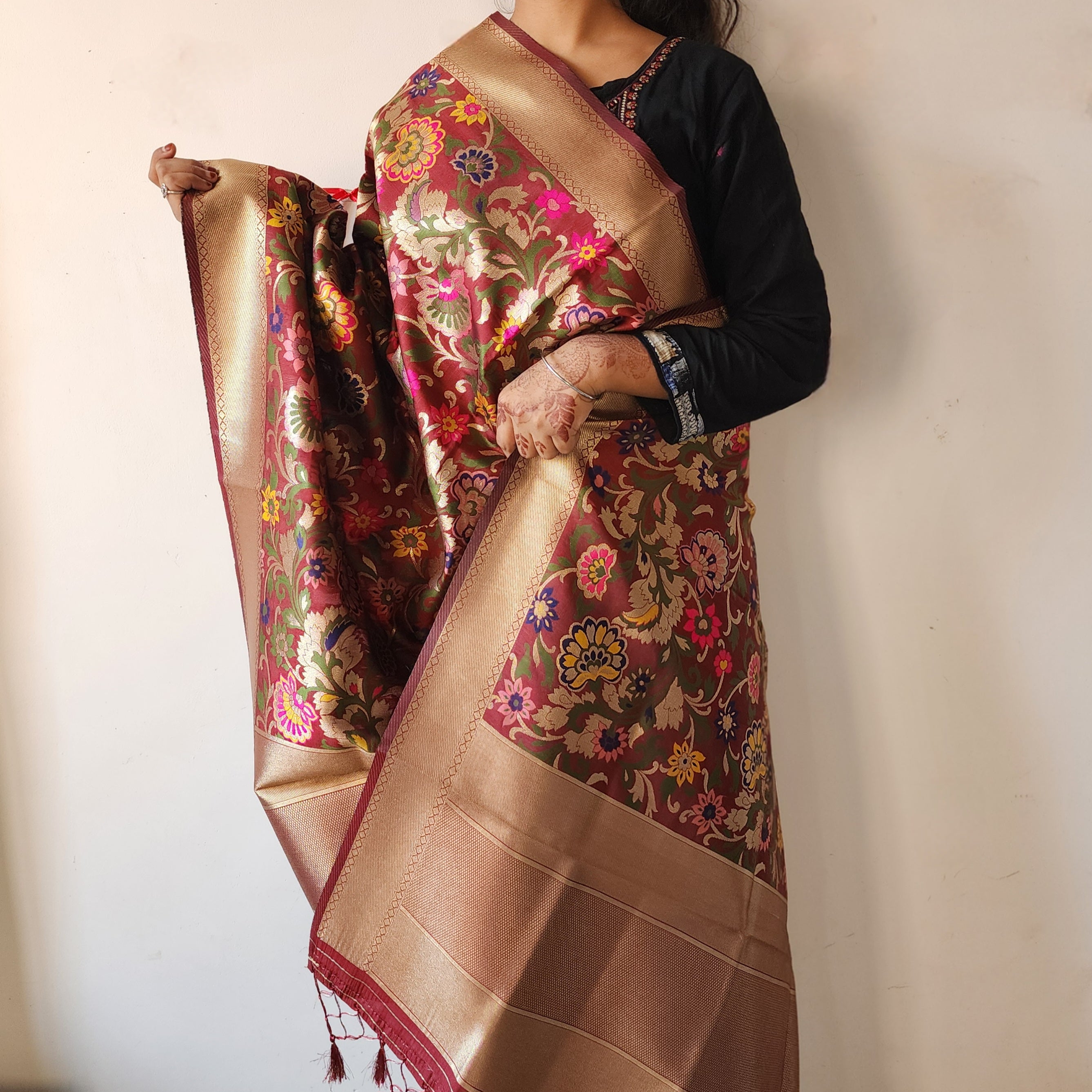 Banarasi Silk Brown Dupatta with Multicolor & Gold Floral Handweaving