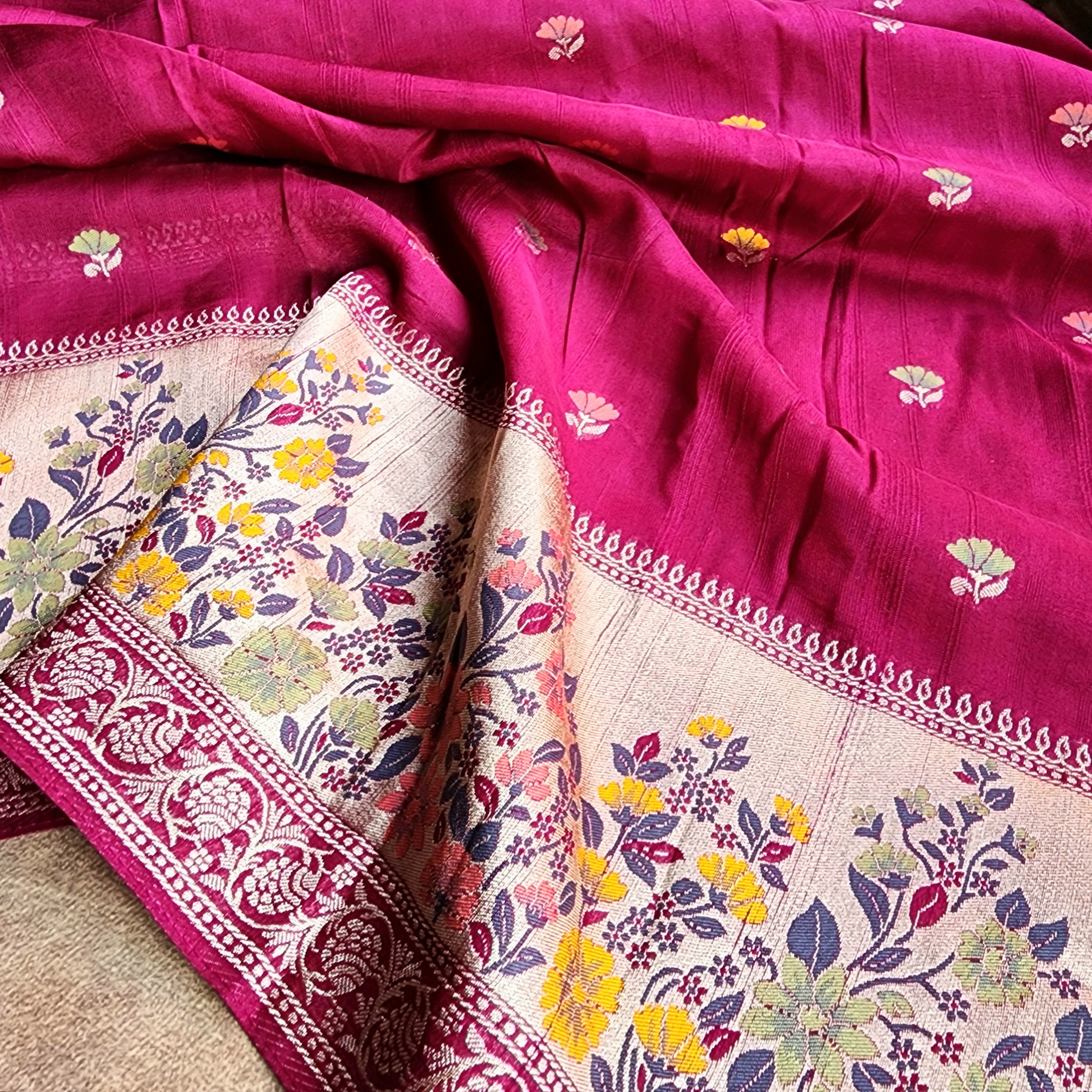 Soft Wine Raw Silk Saree With Pastel Floral Weaving and Off White Border