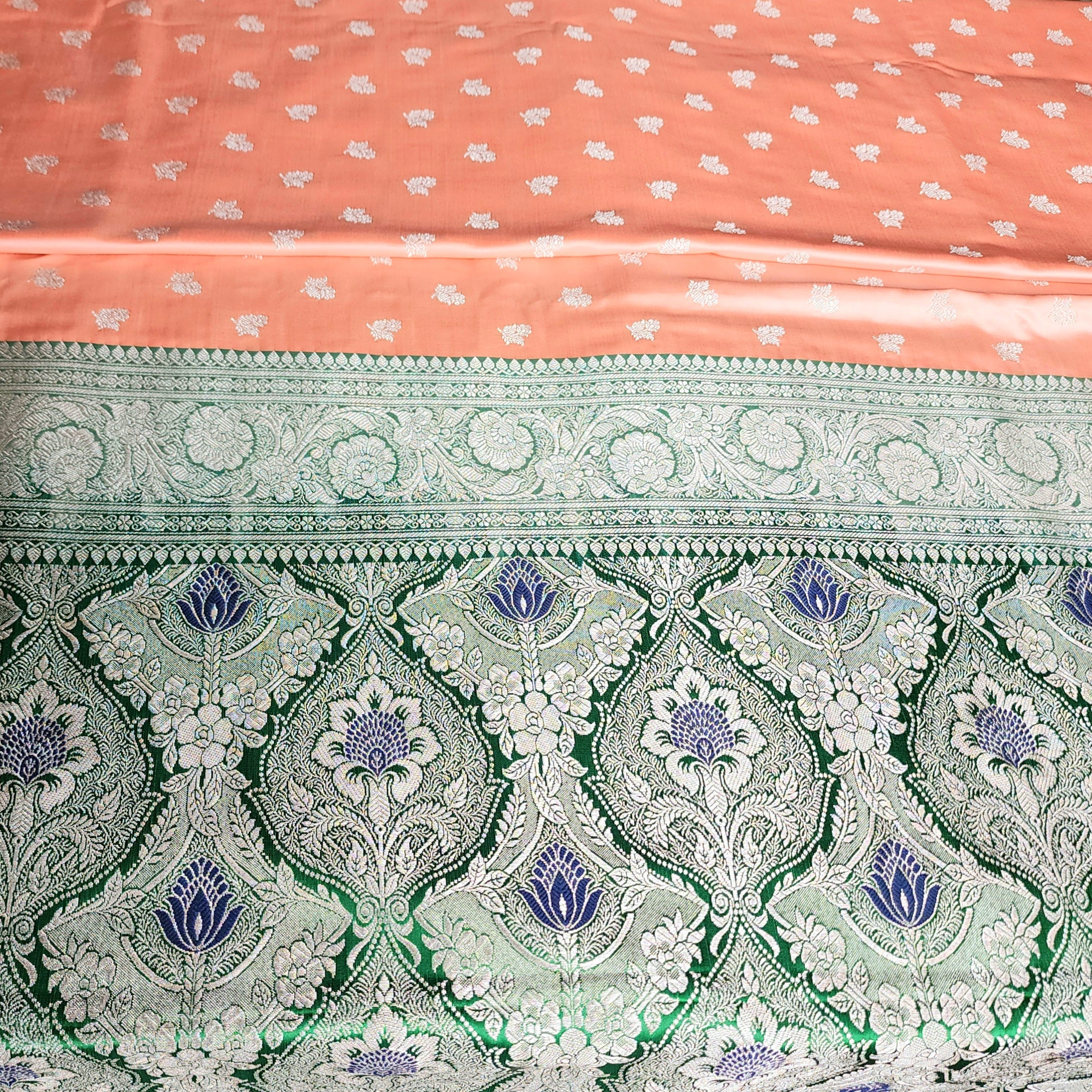 Peach Pure Banarasi Katan Silk Saree with light Gold Zari Weaving