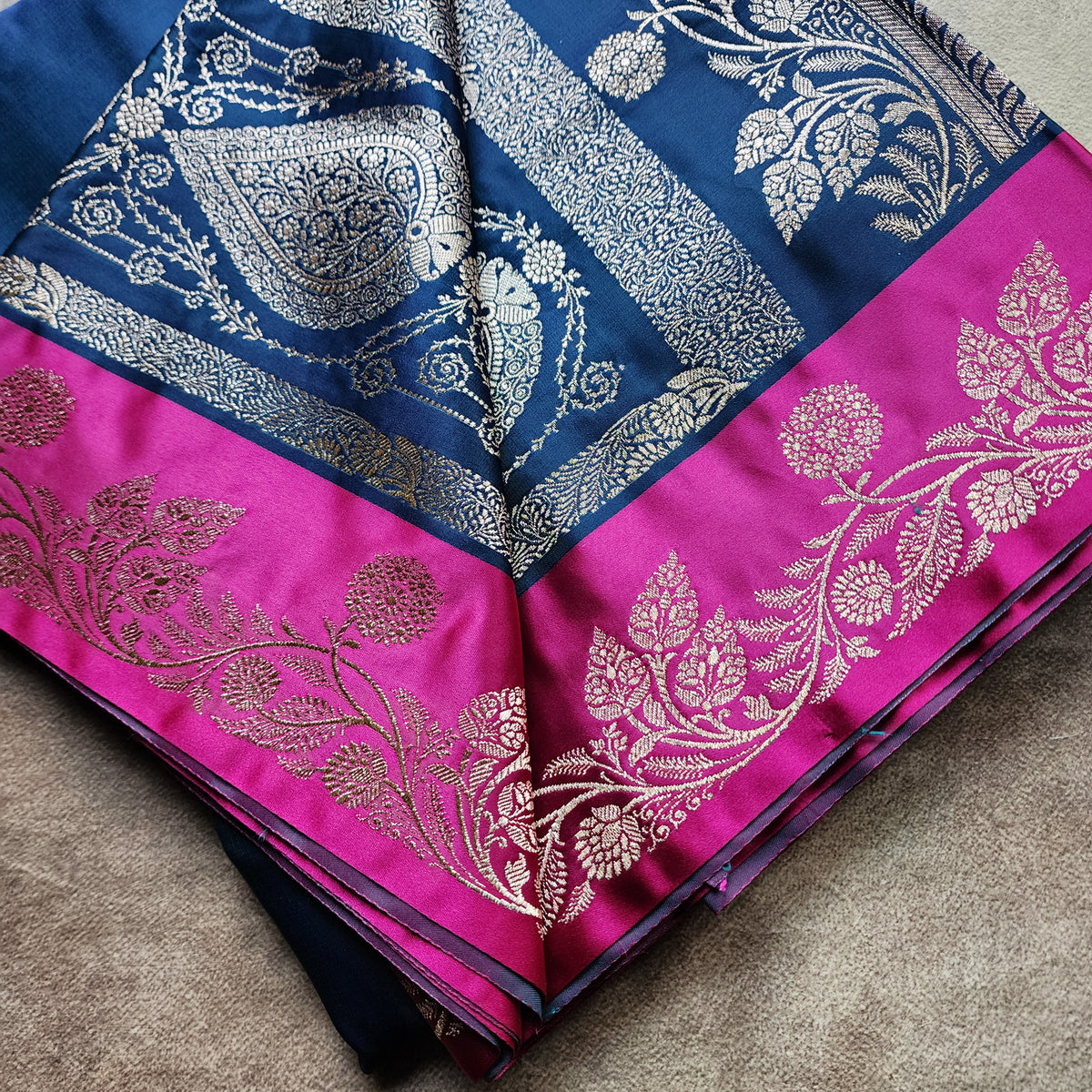 Midnight Blue Pure Banarasi Katan Silk Saree with Rani Pink Border