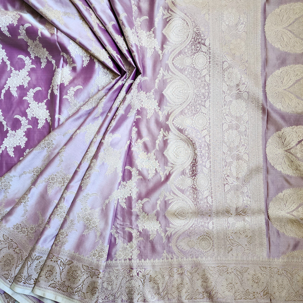 Dusty Lilac Banarasi Katan Silk Saree with Floral Vine Jaal