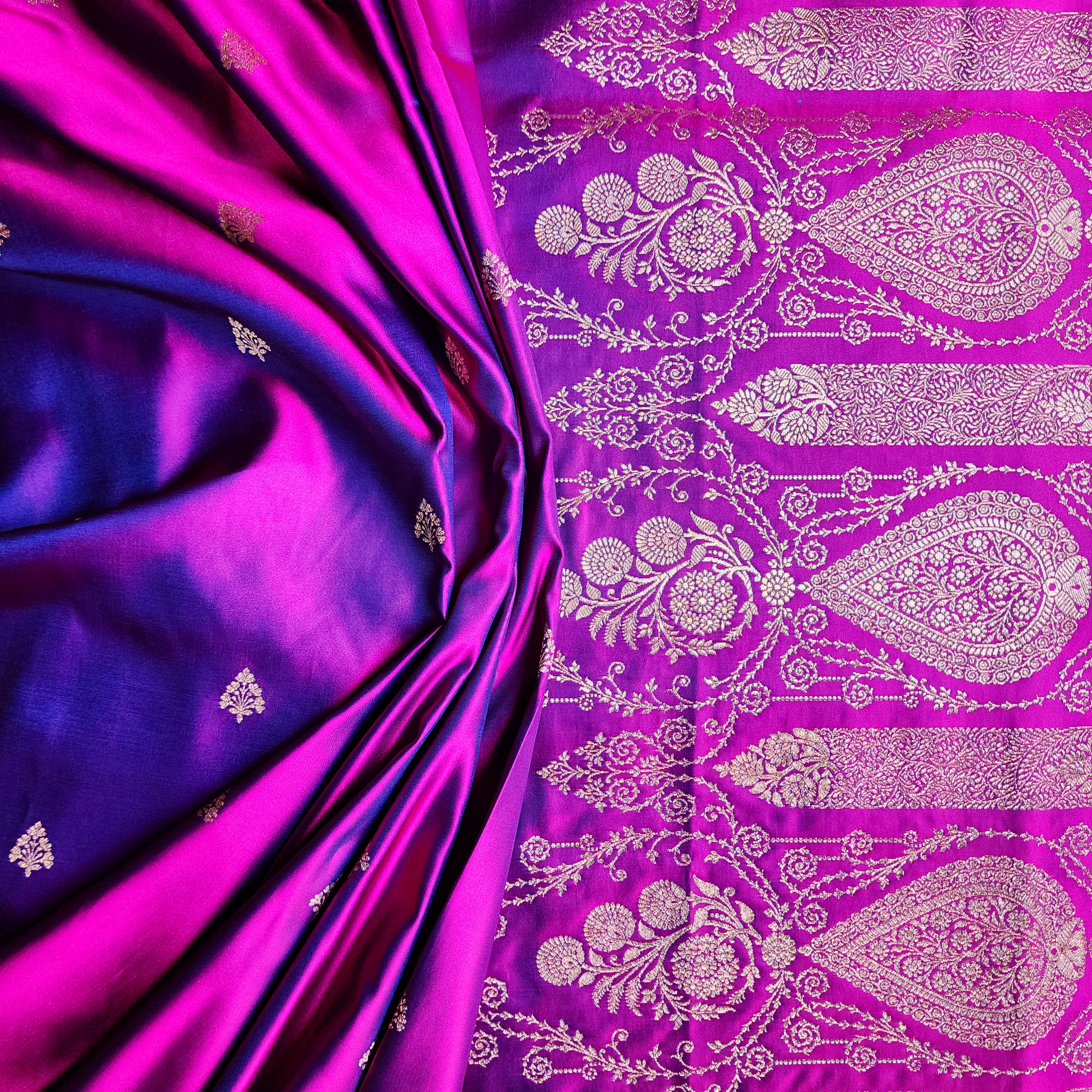 Royal Purple Pure Banarasi Katan Silk Saree with Leaf Green Border