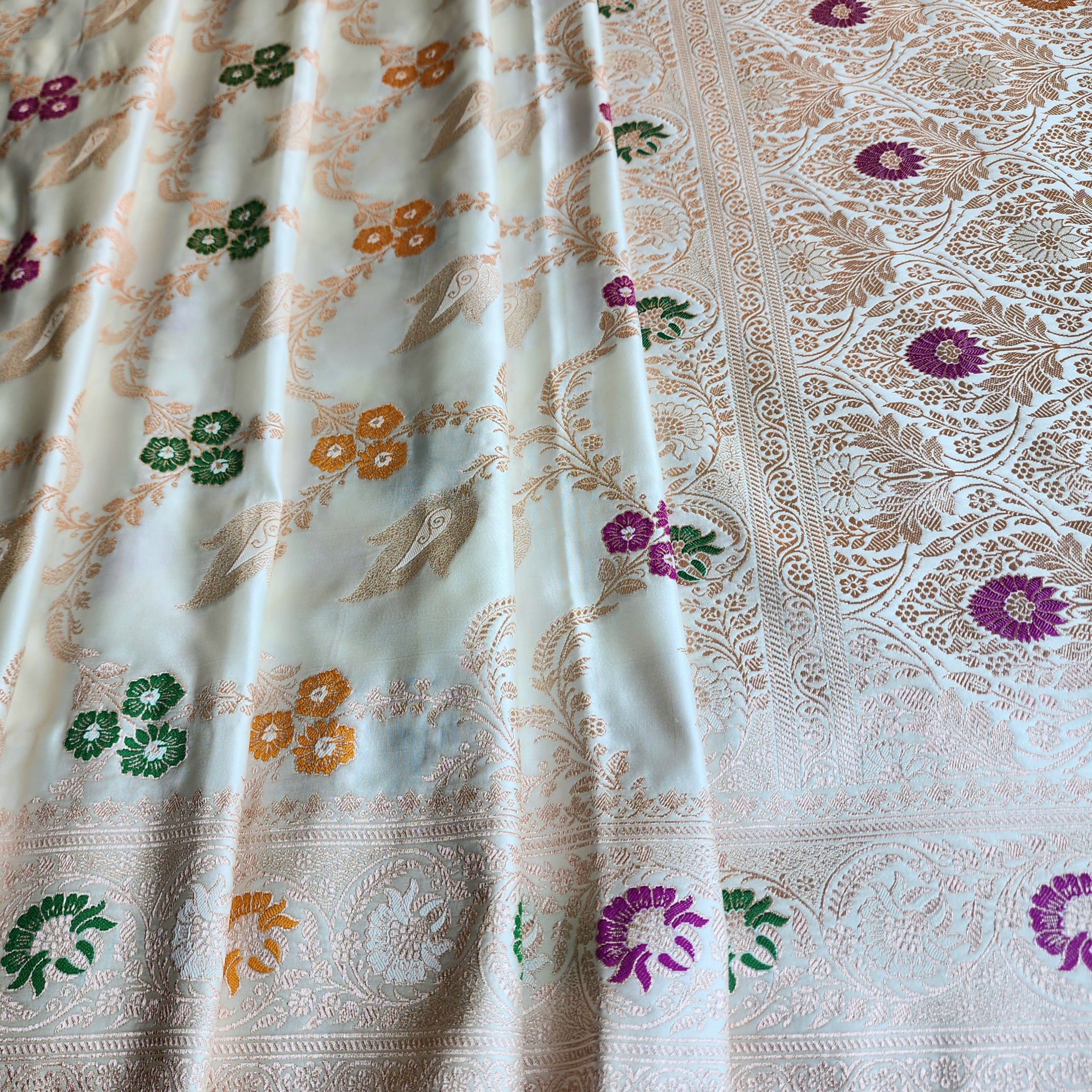 Enriched White Banarasi Katan Silk Saree with Multicolor Meenakari Floral Jaal
