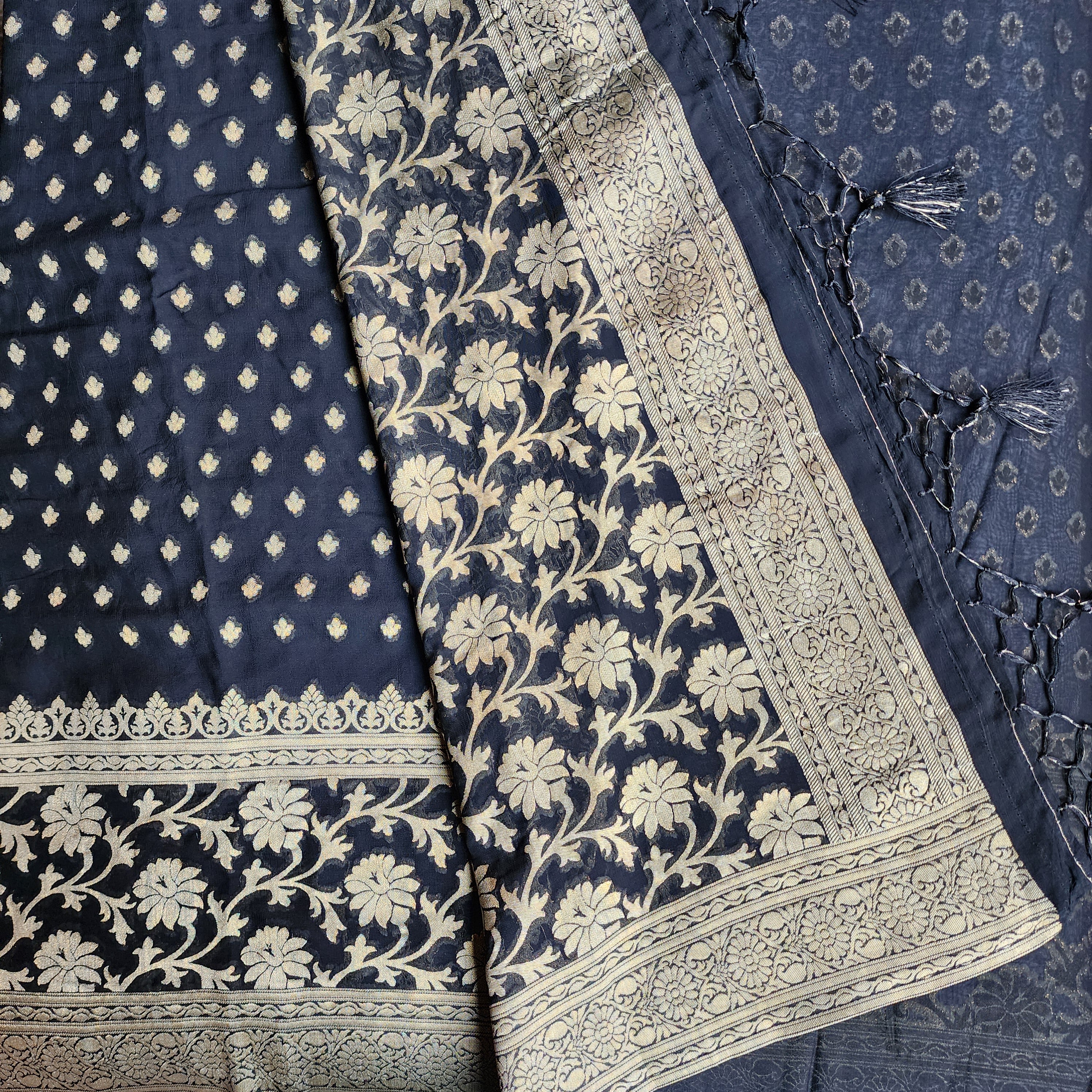 Elegant Black Khaddi Georgette Pure Banarasi Saree with Golden Zari