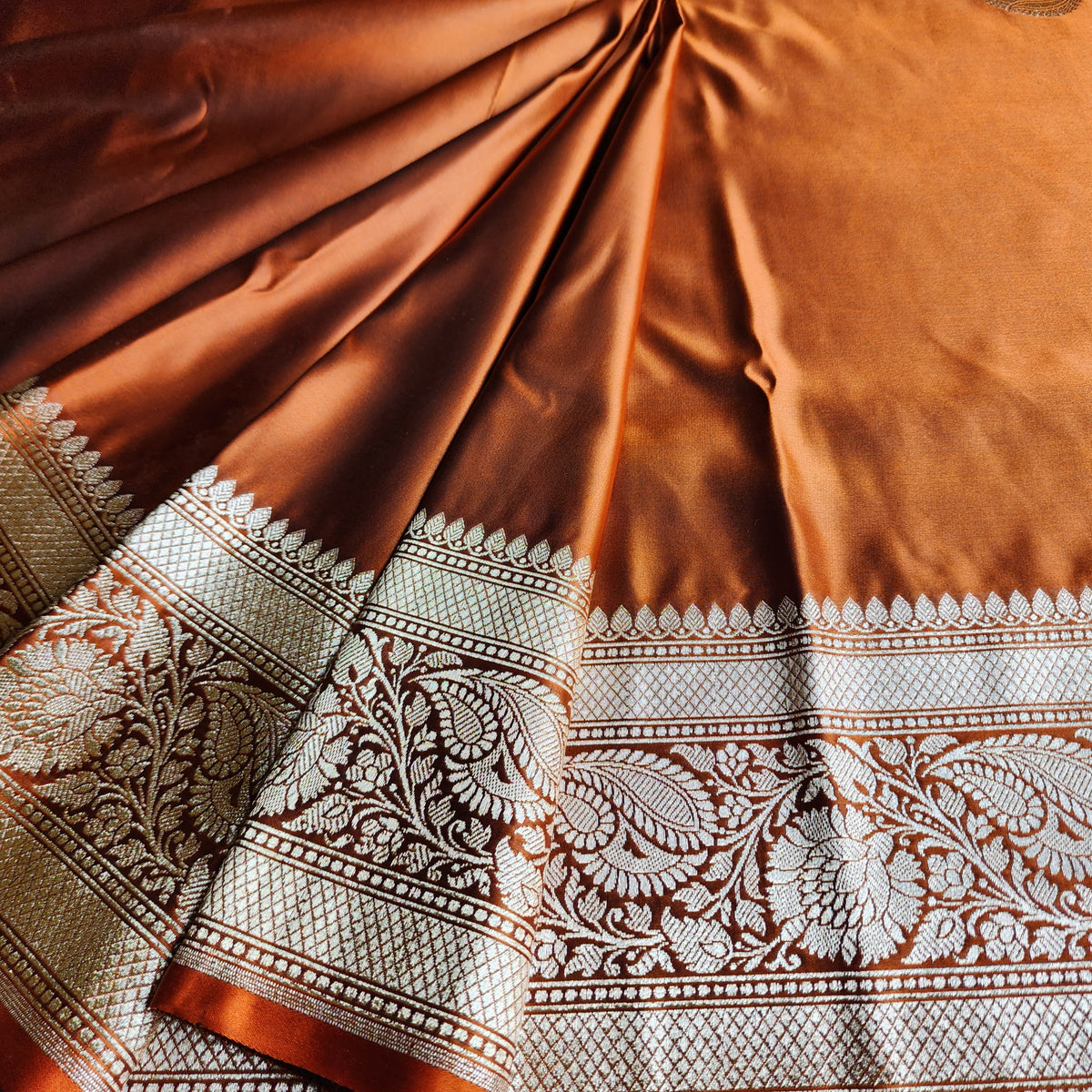 Rich Burnt Copper Pure Banarasi Katan Silk Saree with light Gold Zari Weaving