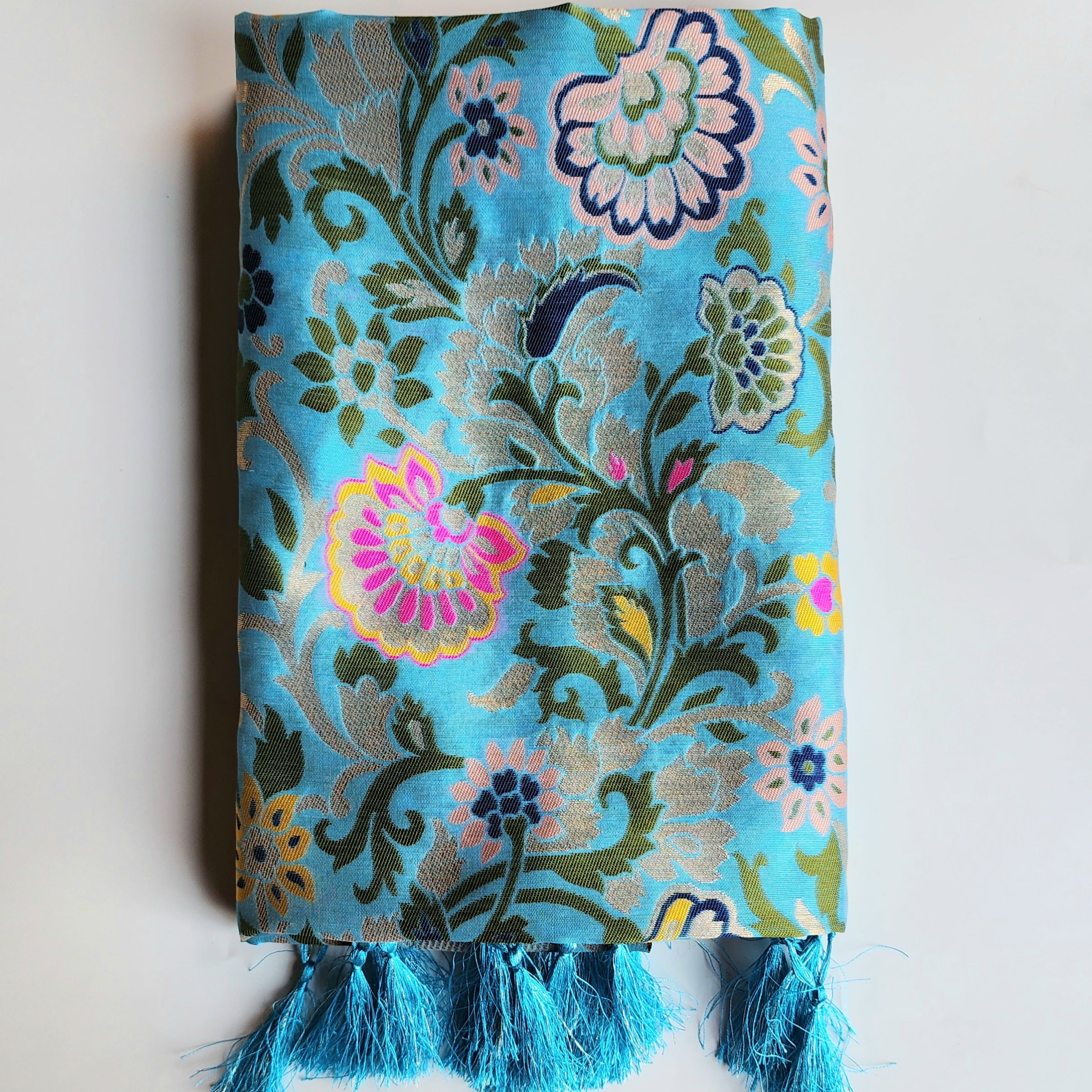 Banarasi Silk Sky Blue Dupatta with Multicolor & Gold Floral Handweaving
