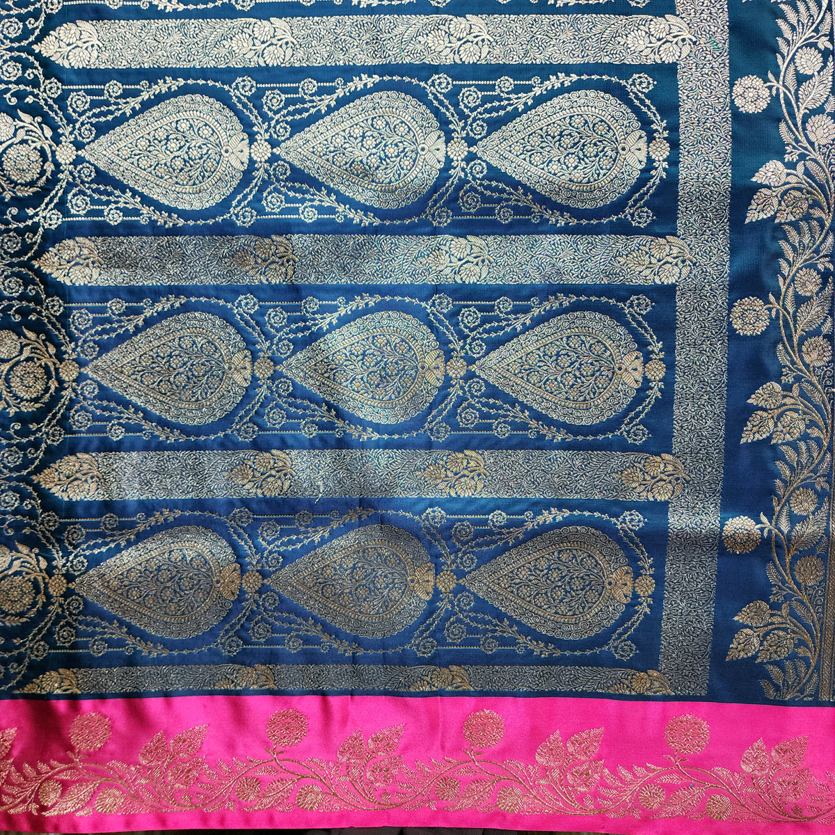 Midnight Blue Pure Banarasi Katan Silk Saree with Rani Pink Border