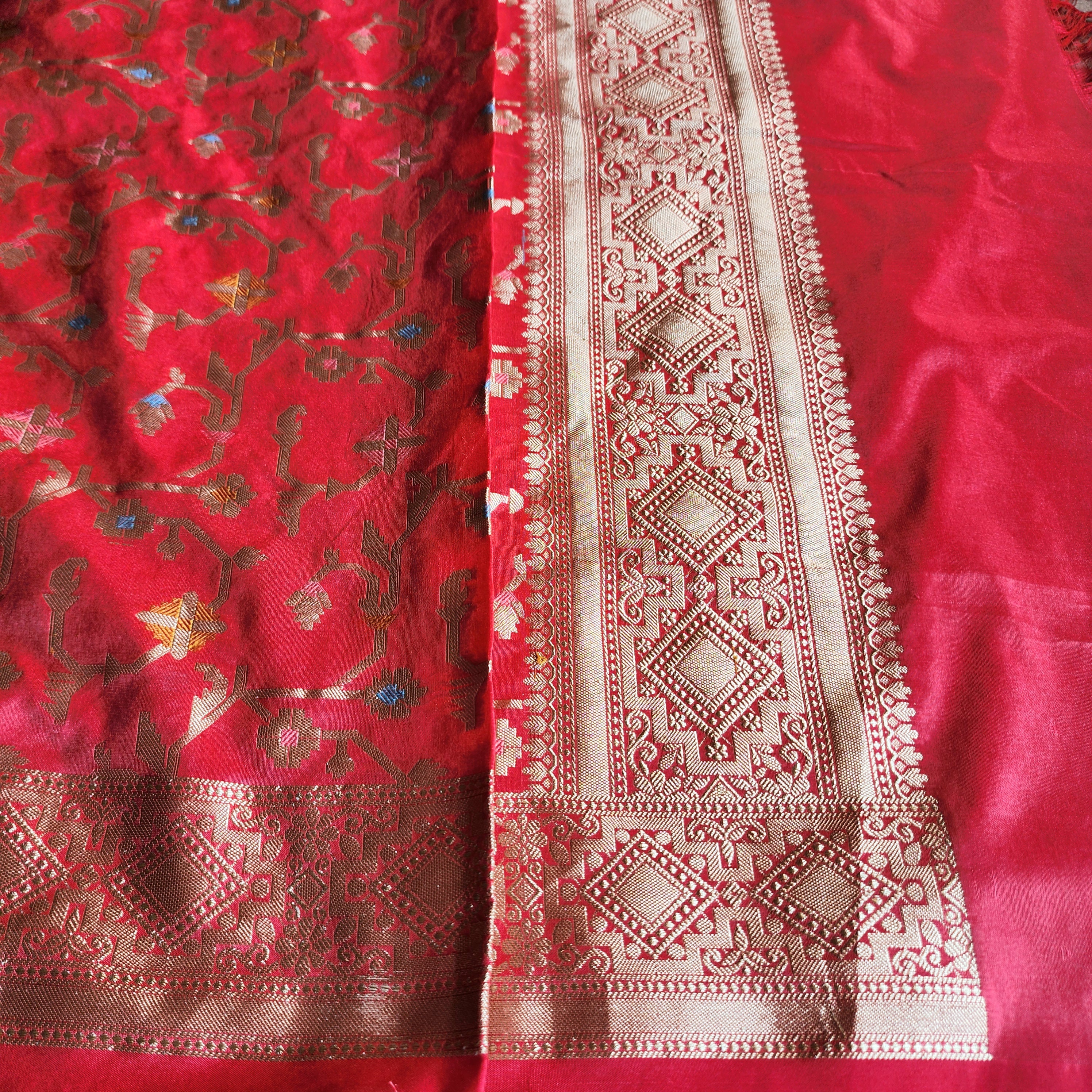 Golden Grid Banarasi Silk Dupatta with Meenakari Work in Brick Red