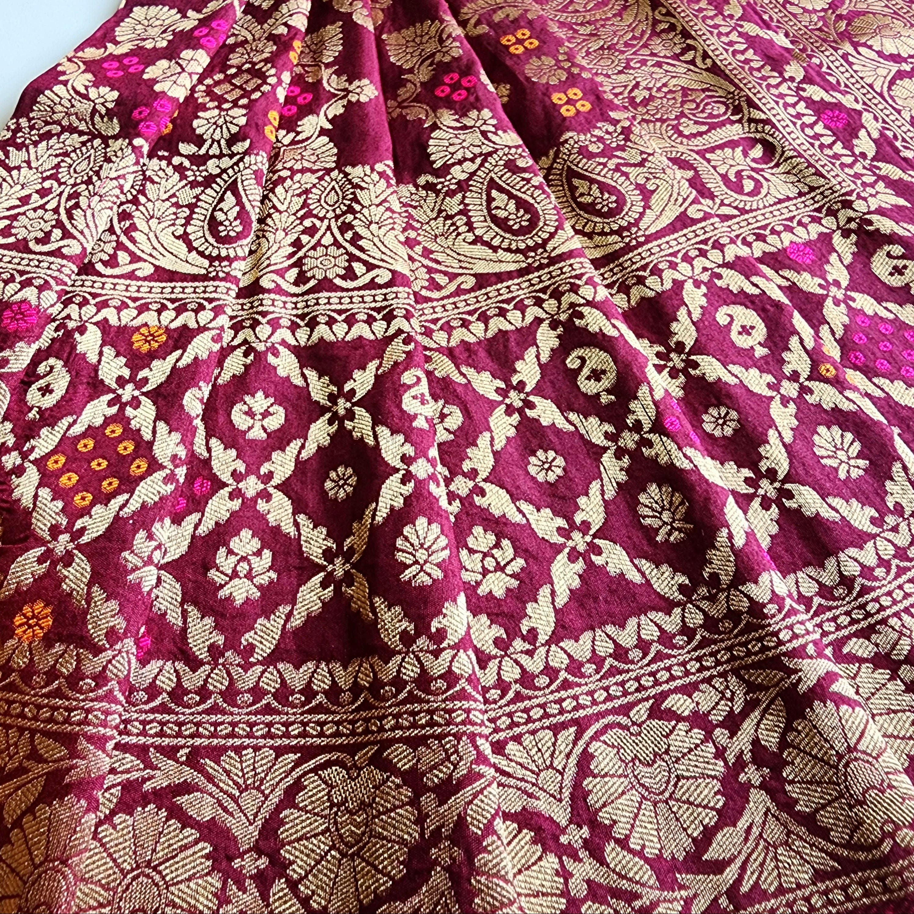 Deep Plum Bandhani Dupatta with Floral and Geometric Zari Weave