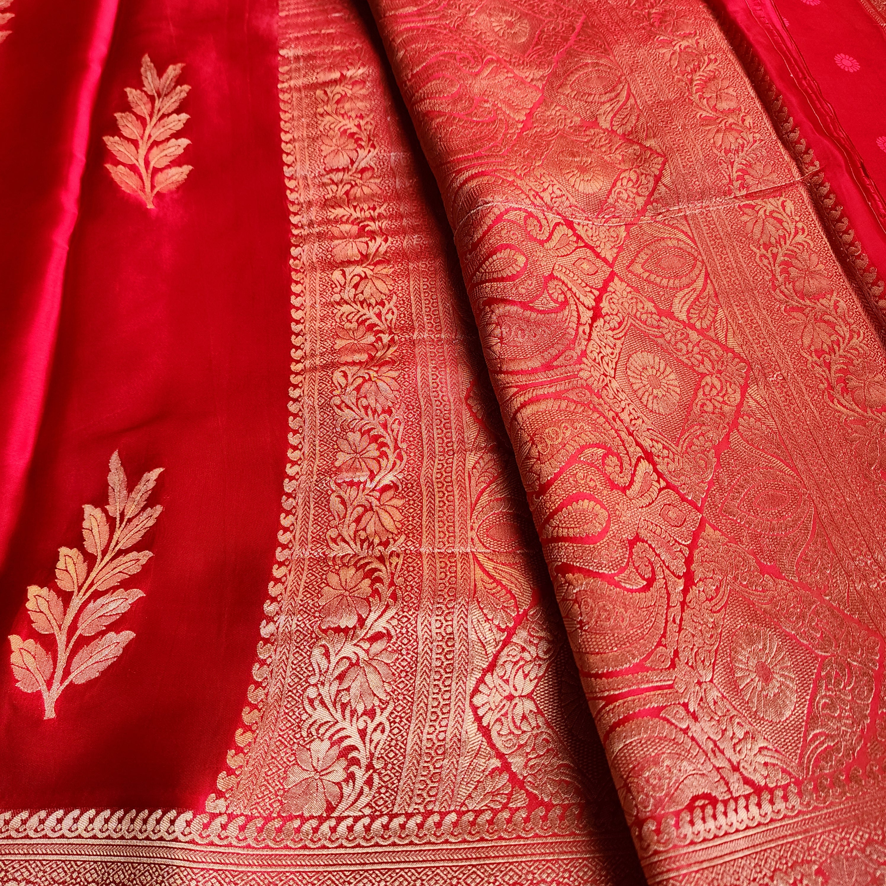 Bright Red Mashru Katan Silk Saree with Gold Weave