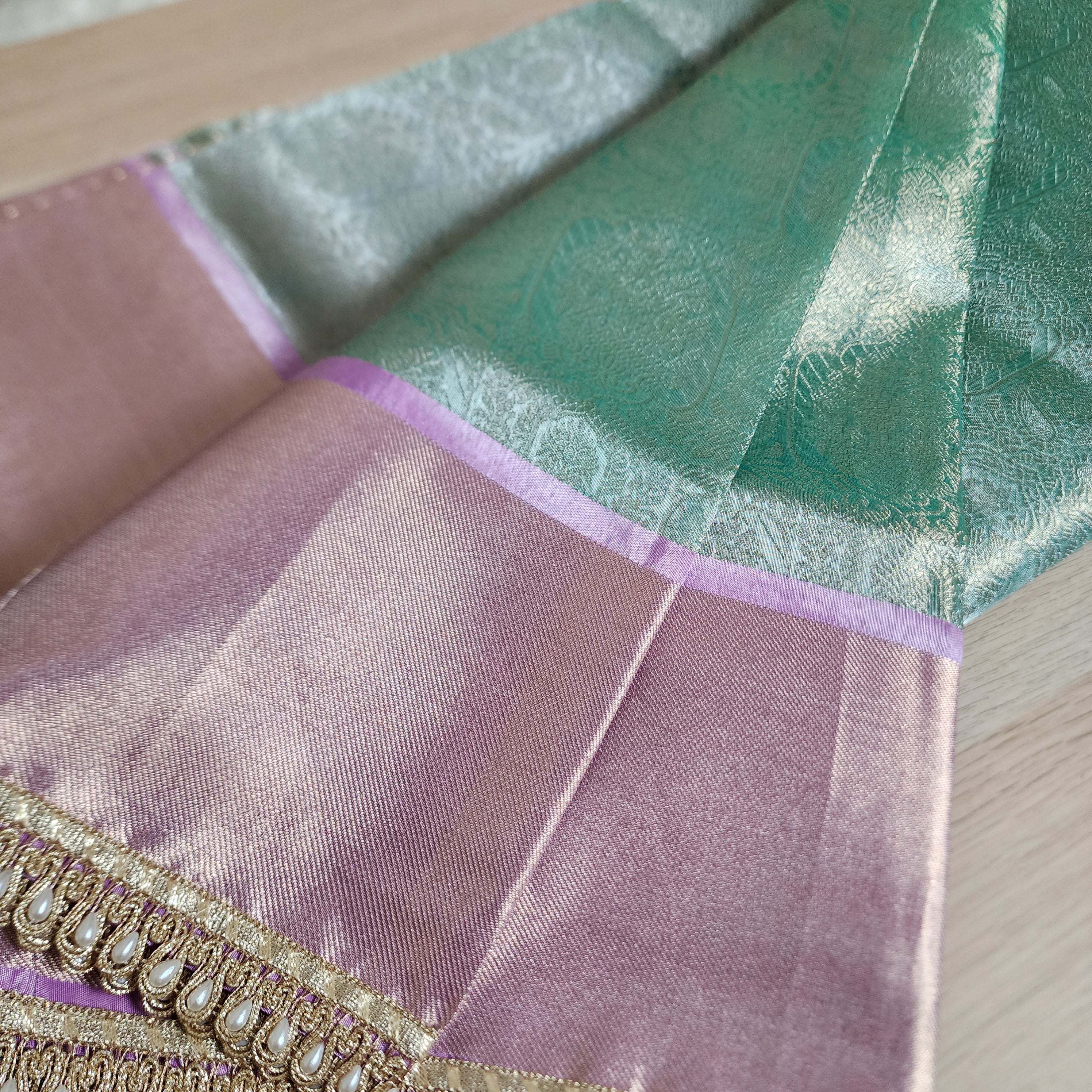Pastel Sea Green and Pink Brocade Tissue Saree with beaded lace work