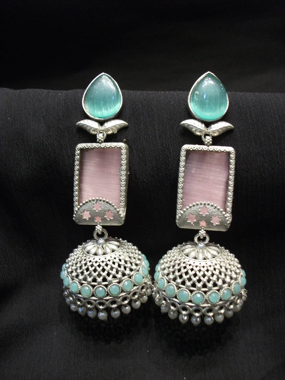 Teardrop Aqua and Blush Pink Long Earrings
