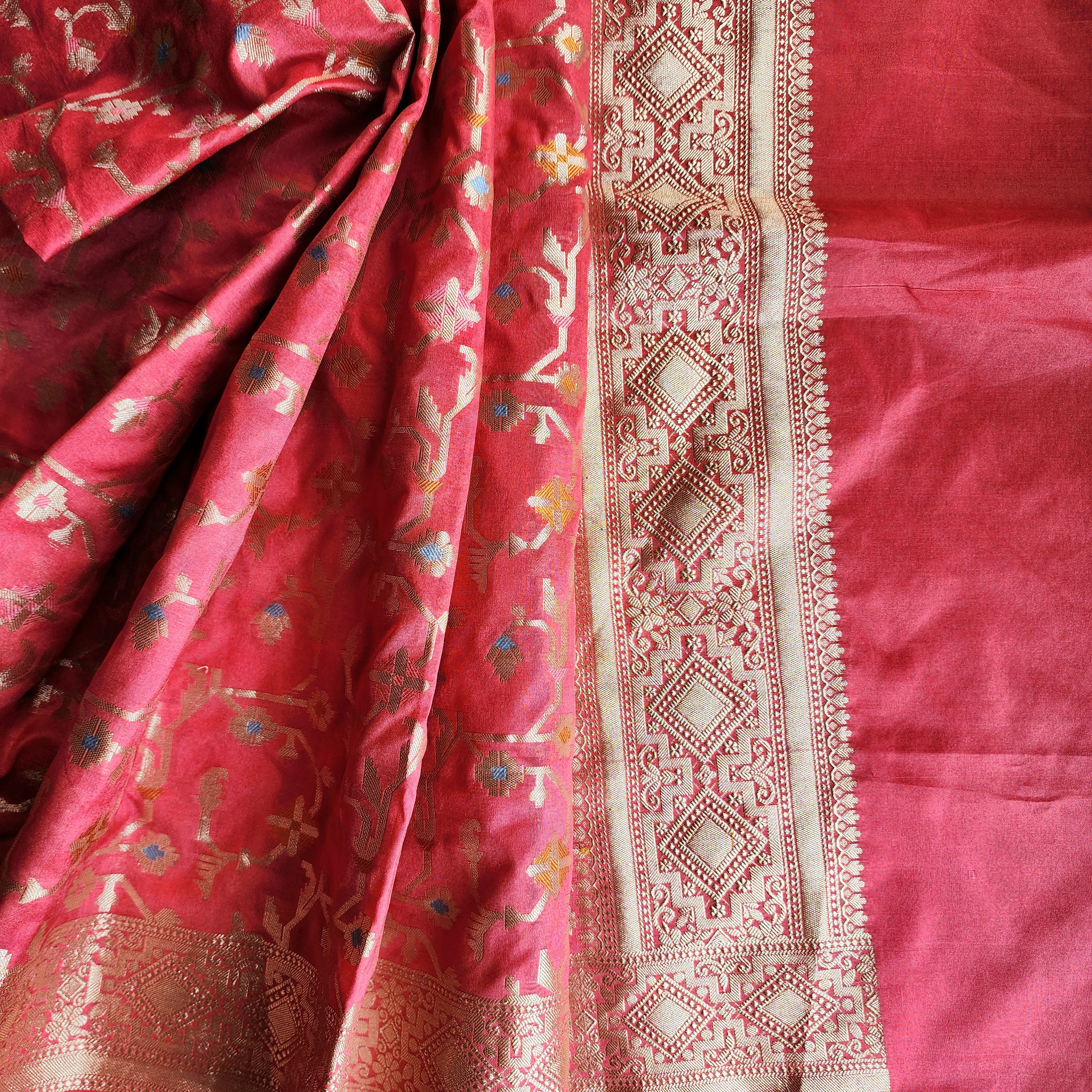 Golden Grid Banarasi Silk Dupatta with Meenakari Work in Brick Red