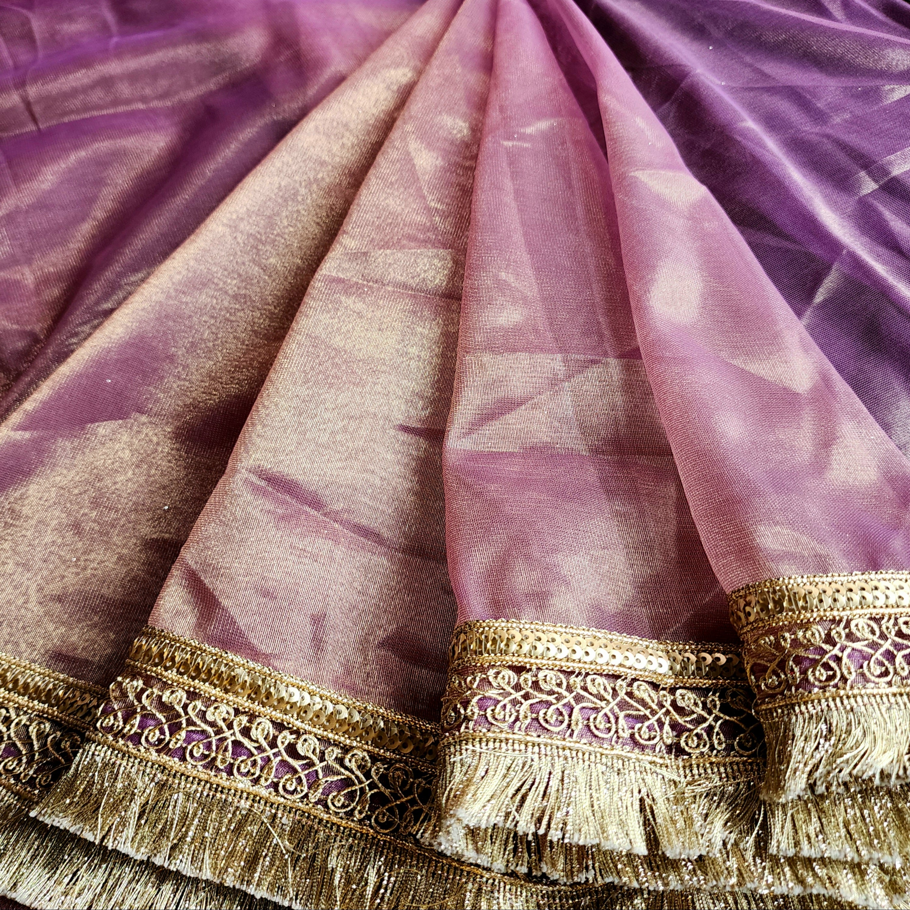 Metallic Mauve Designer Tissue Net Saree