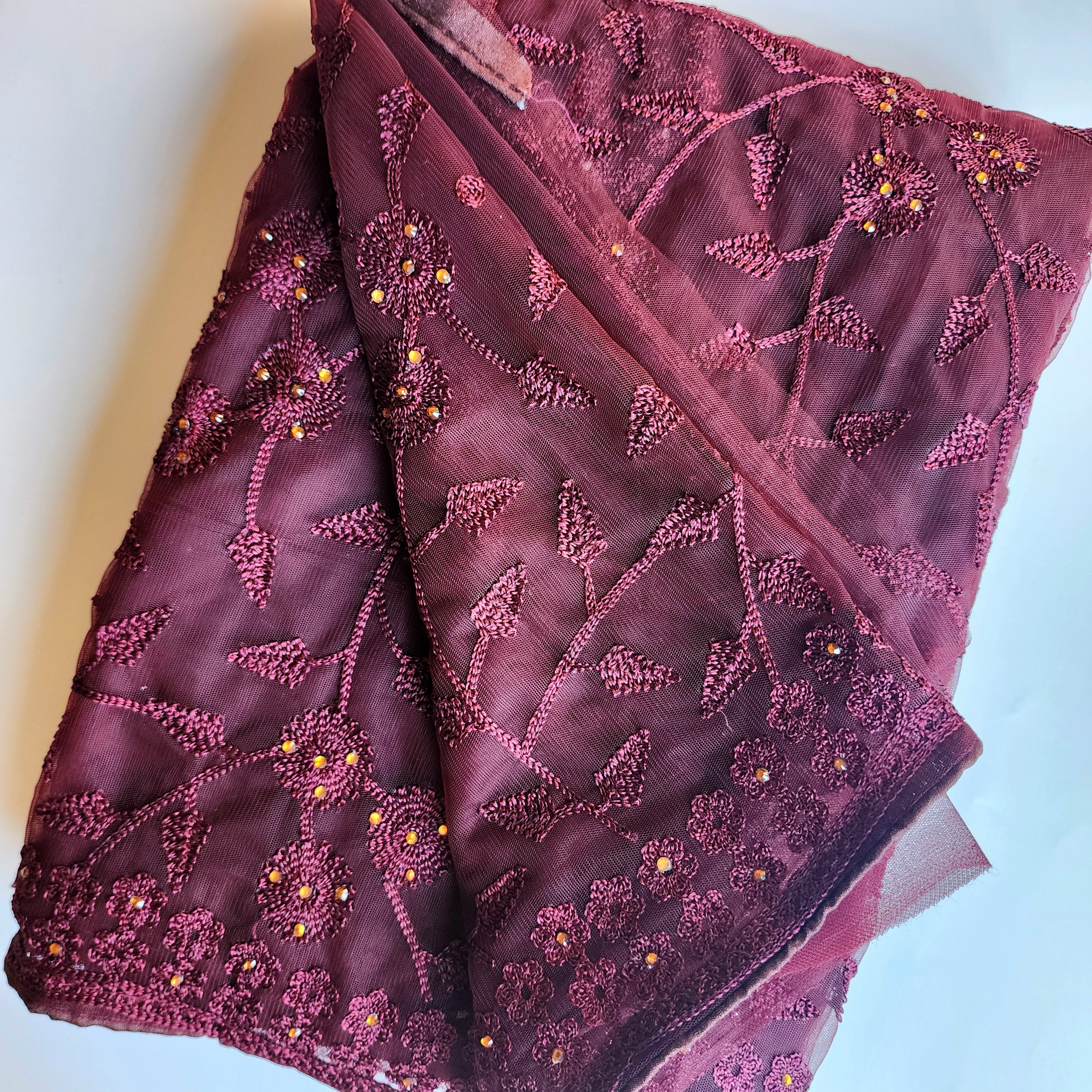 Embroidered Net Designer Saree in Wine