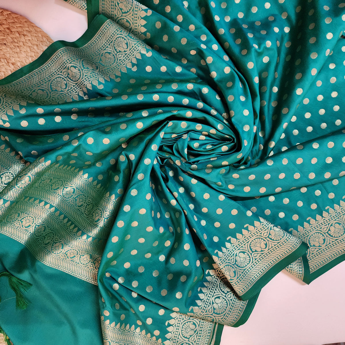 Teal Green Banarasi Silk Dupatta with Gold Polka Dot