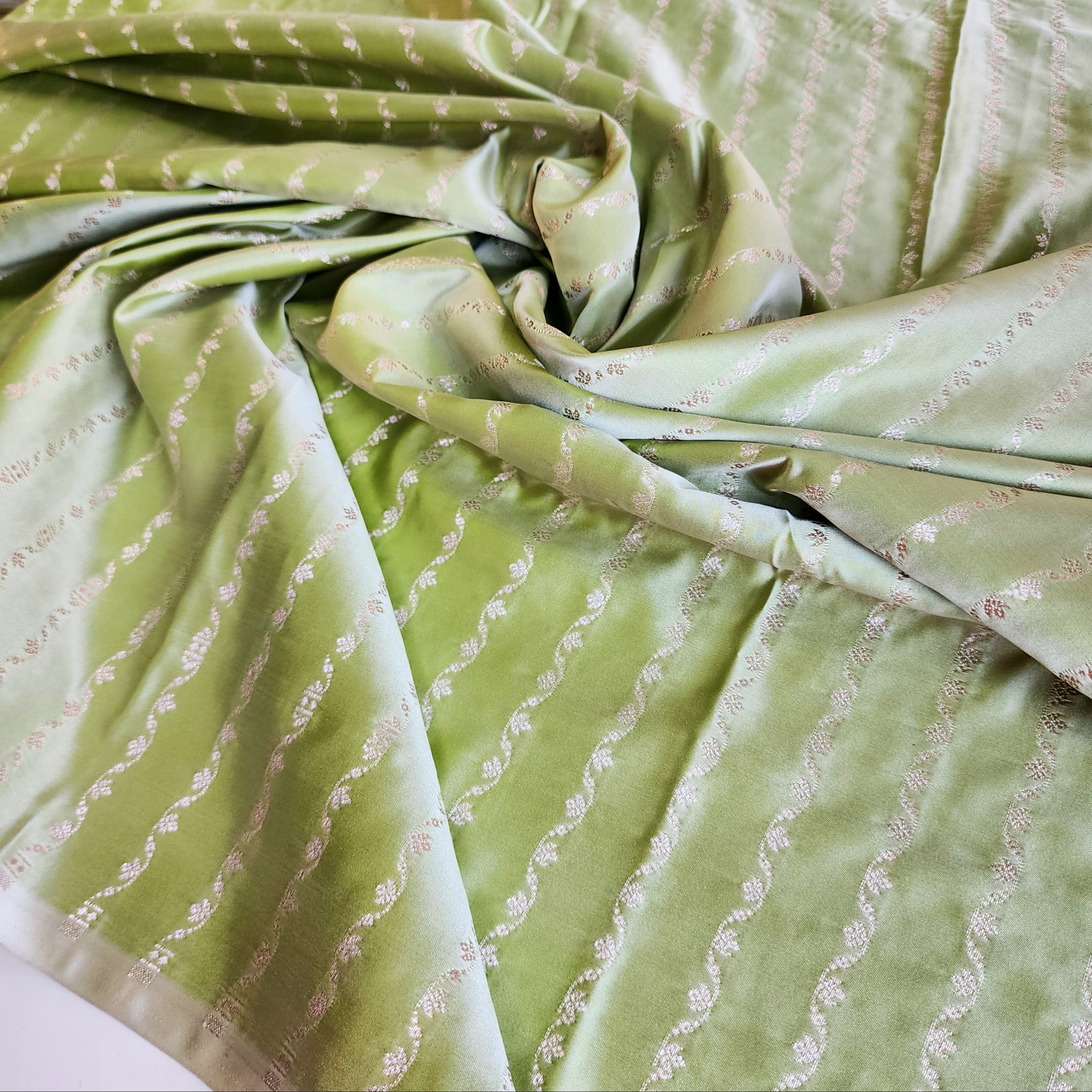Pastel Sage Green Banarasi Katan Silk Saree with Light Gold Zari weaving