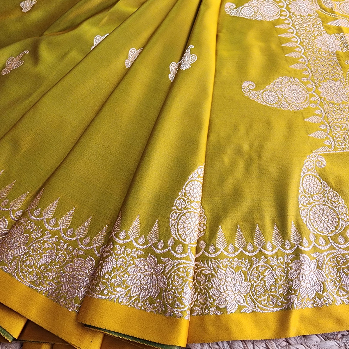 Lime Green Paisley Katan Silk Saree with Gold Zari