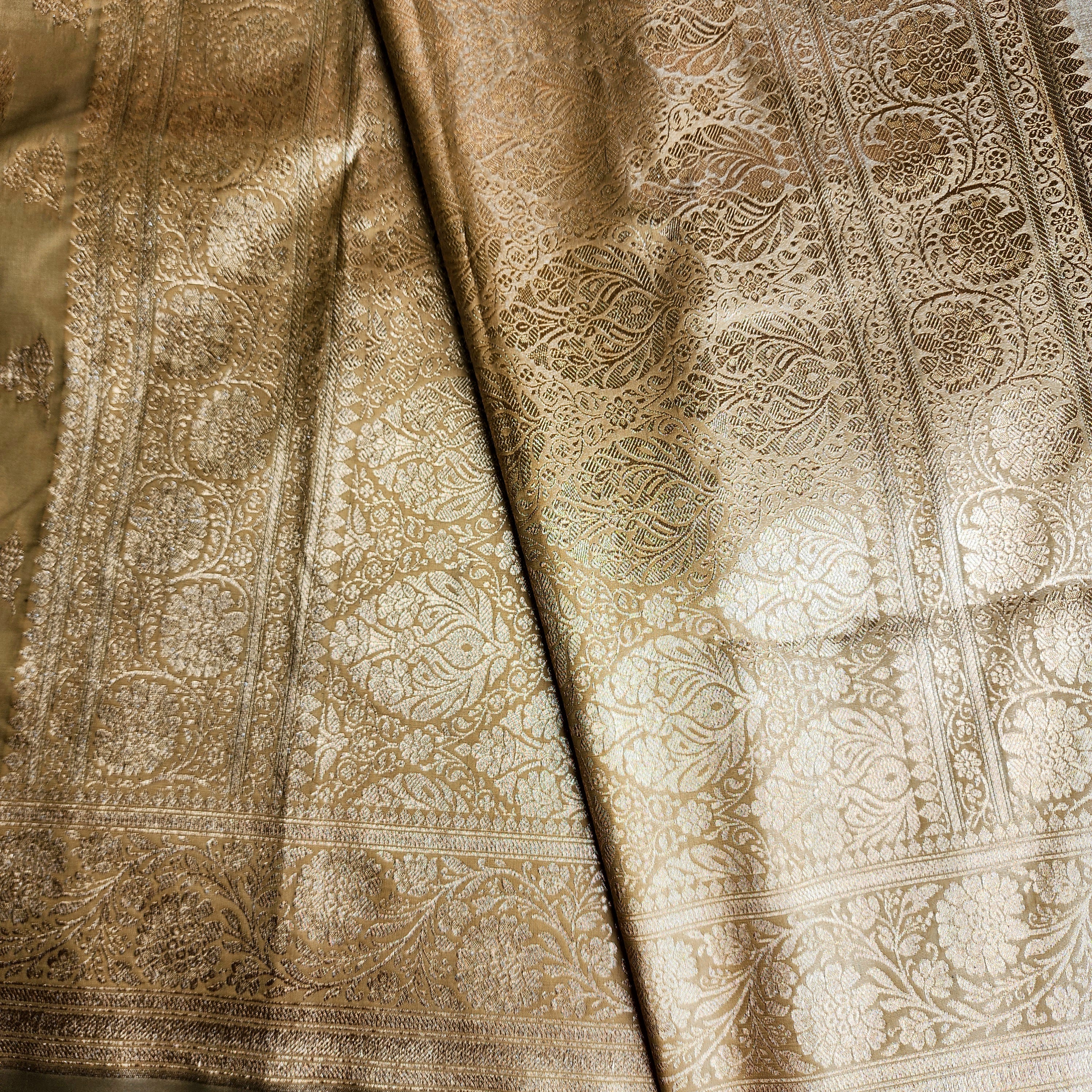 Rich Beige Gold Banarasi Silk Saree with Gold Zari Weaving