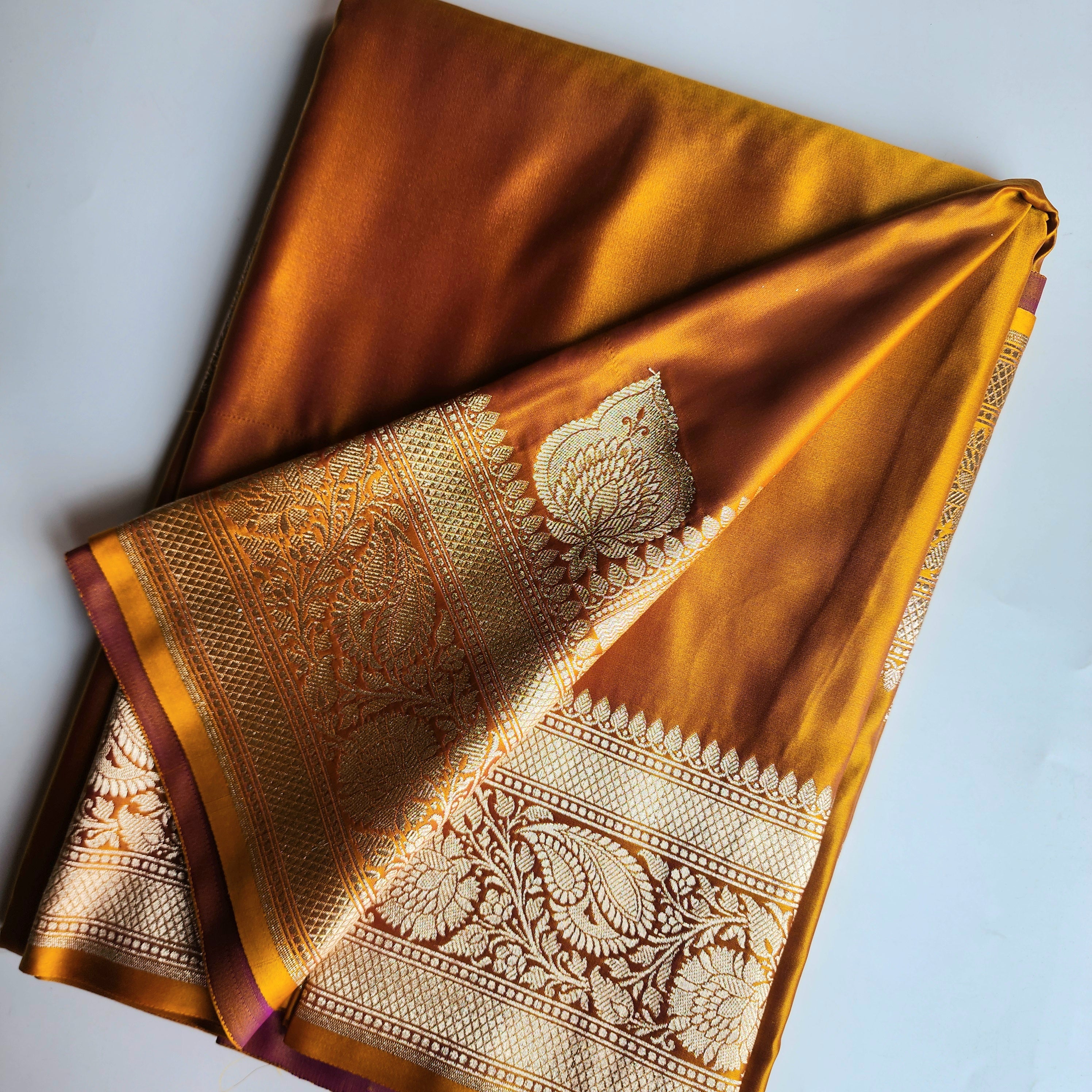Rich Marigold Yellow Pure Banarasi Katan Silk Saree with light Gold Zari Weaving