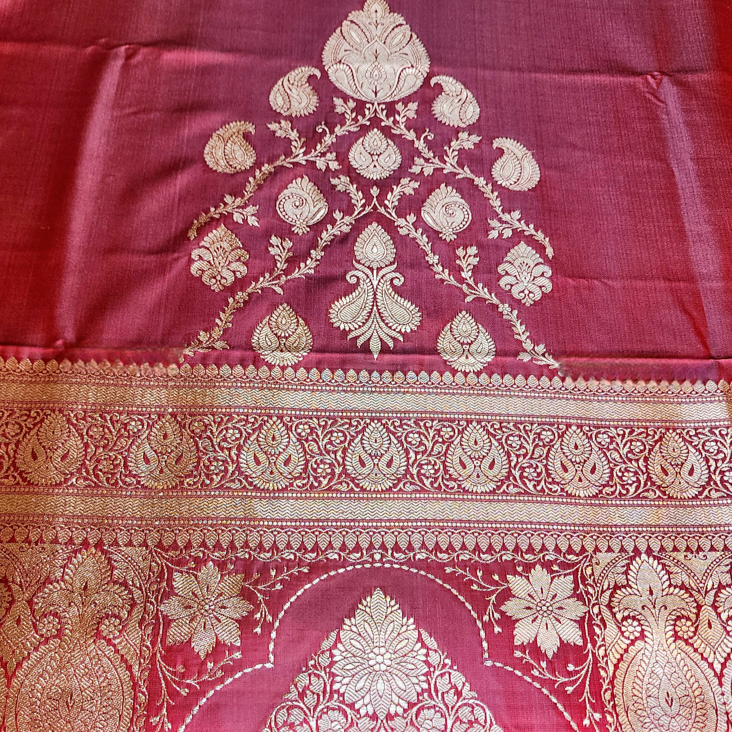 Rich Rose Pink Pure Banarasi Katan Silk Saree with light Gold Zari Weaving