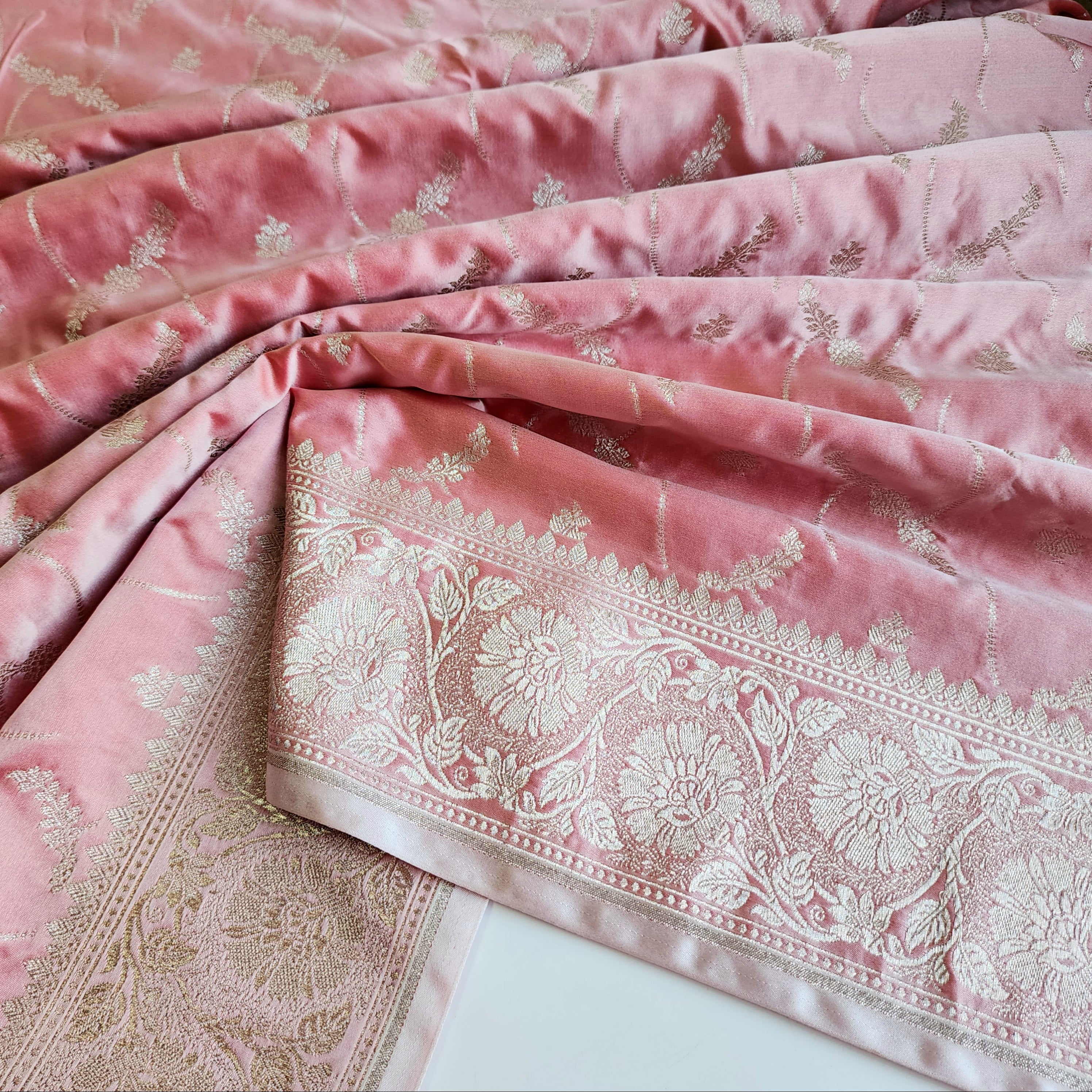 Pastel Baby Pink Banarasi Katan Silk Saree with Light Gold Zari weaving