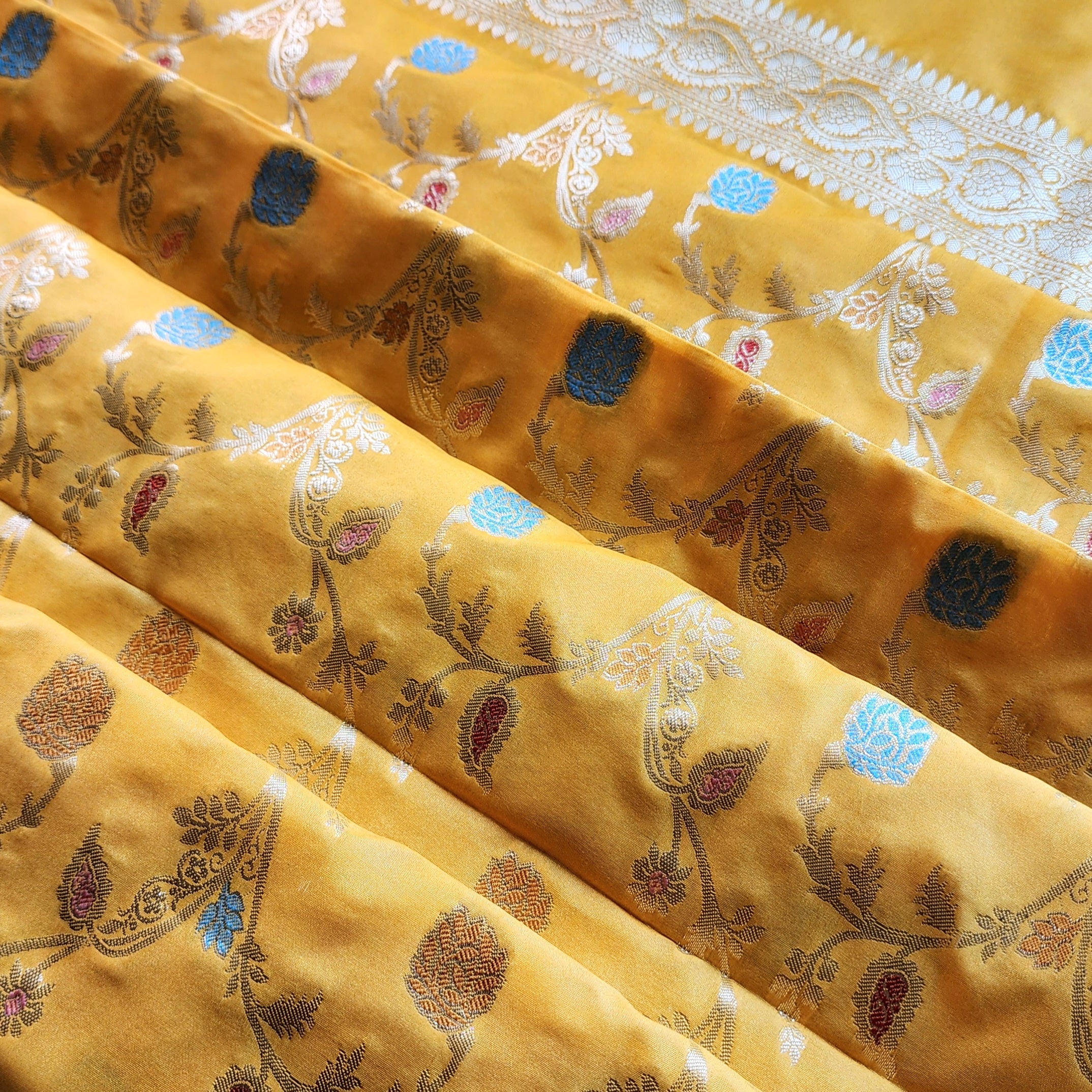Mustard Yellow Banarasi Silk Dupatta with Gold Zari Border & Multicolor Meenakari Work