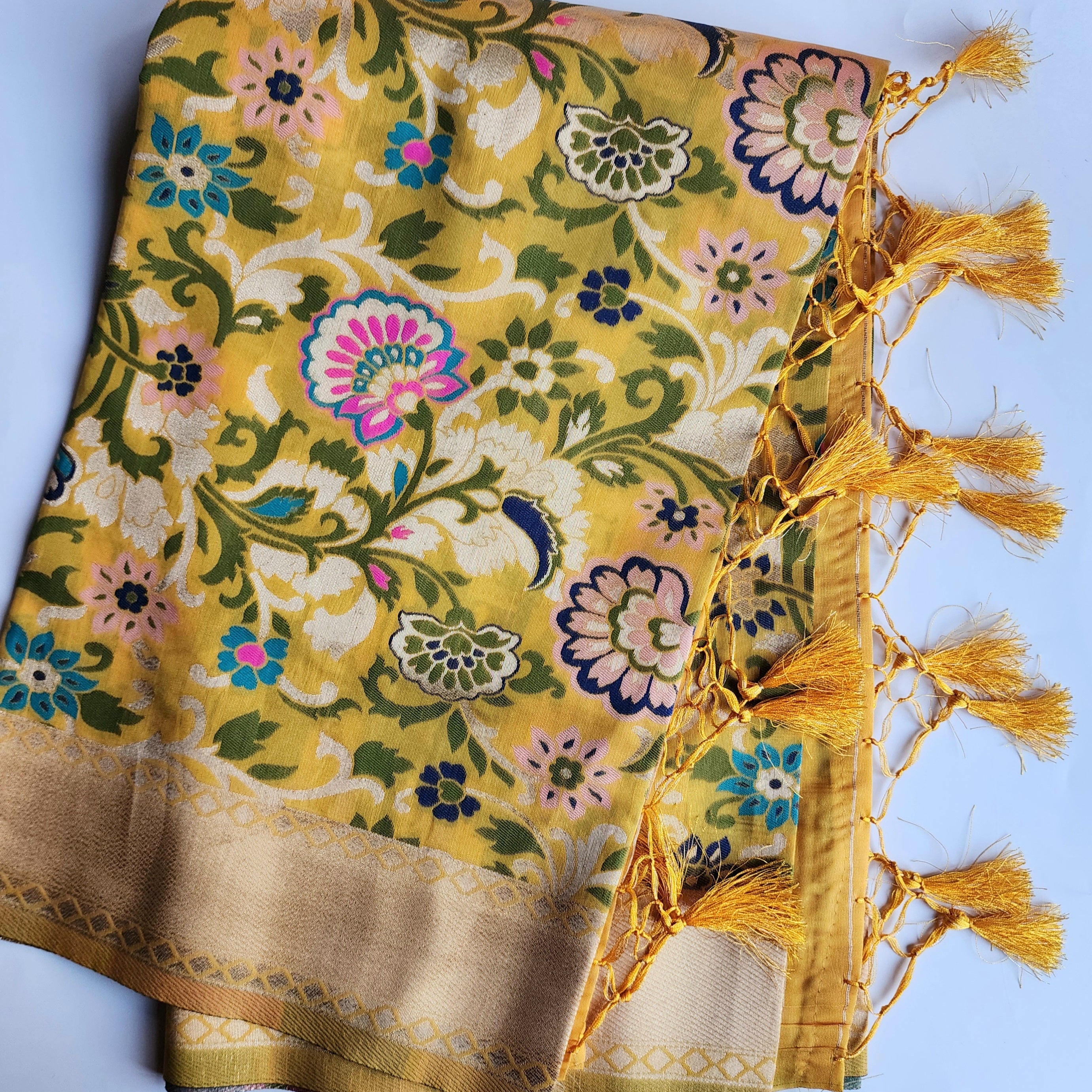 Banarasi Silk Sunshine Yellow Dupatta with Multicolor & Gold Floral Handweaving