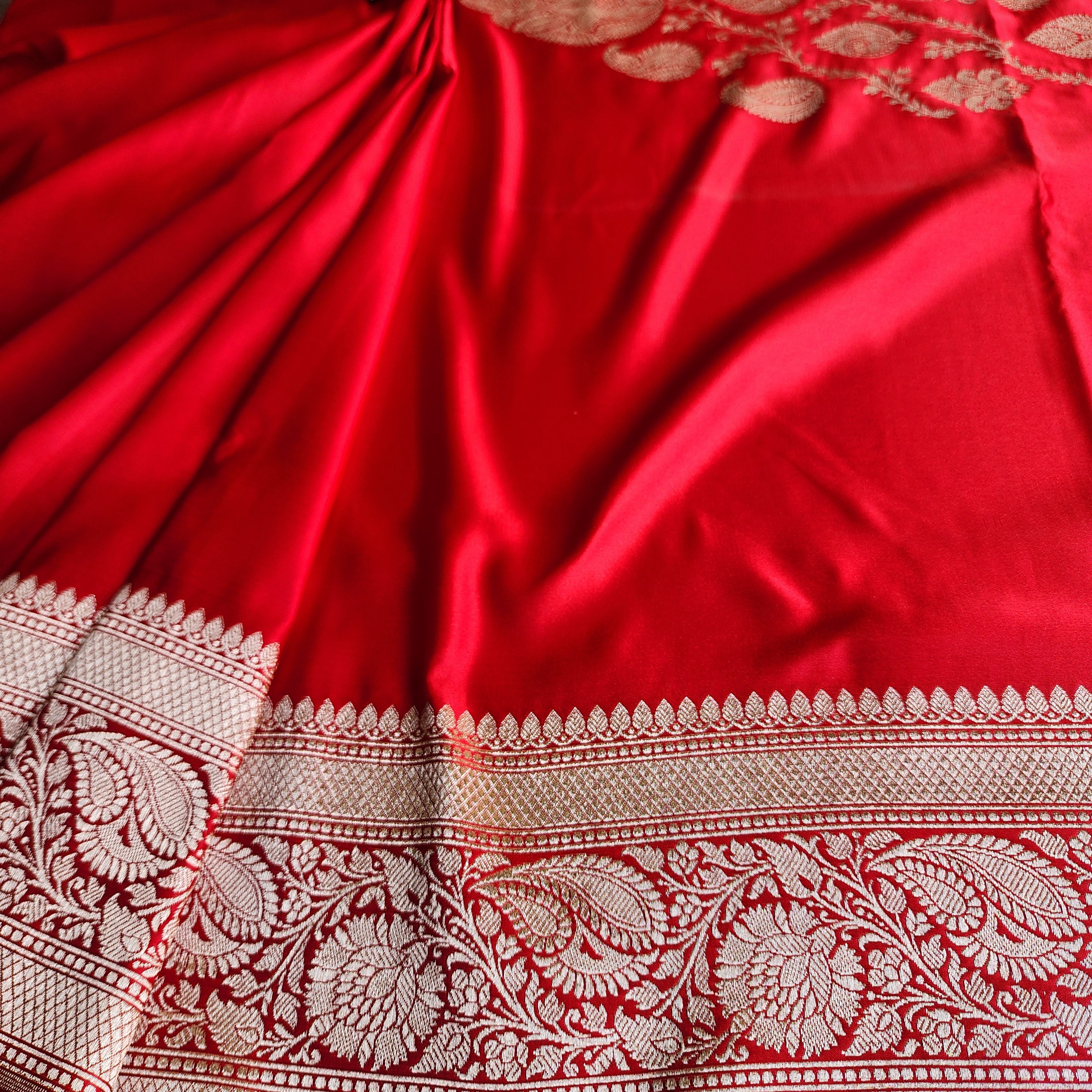 Rich Vermilion Red Pure Banarasi Katan Silk Saree with light Gold Zari Weaving