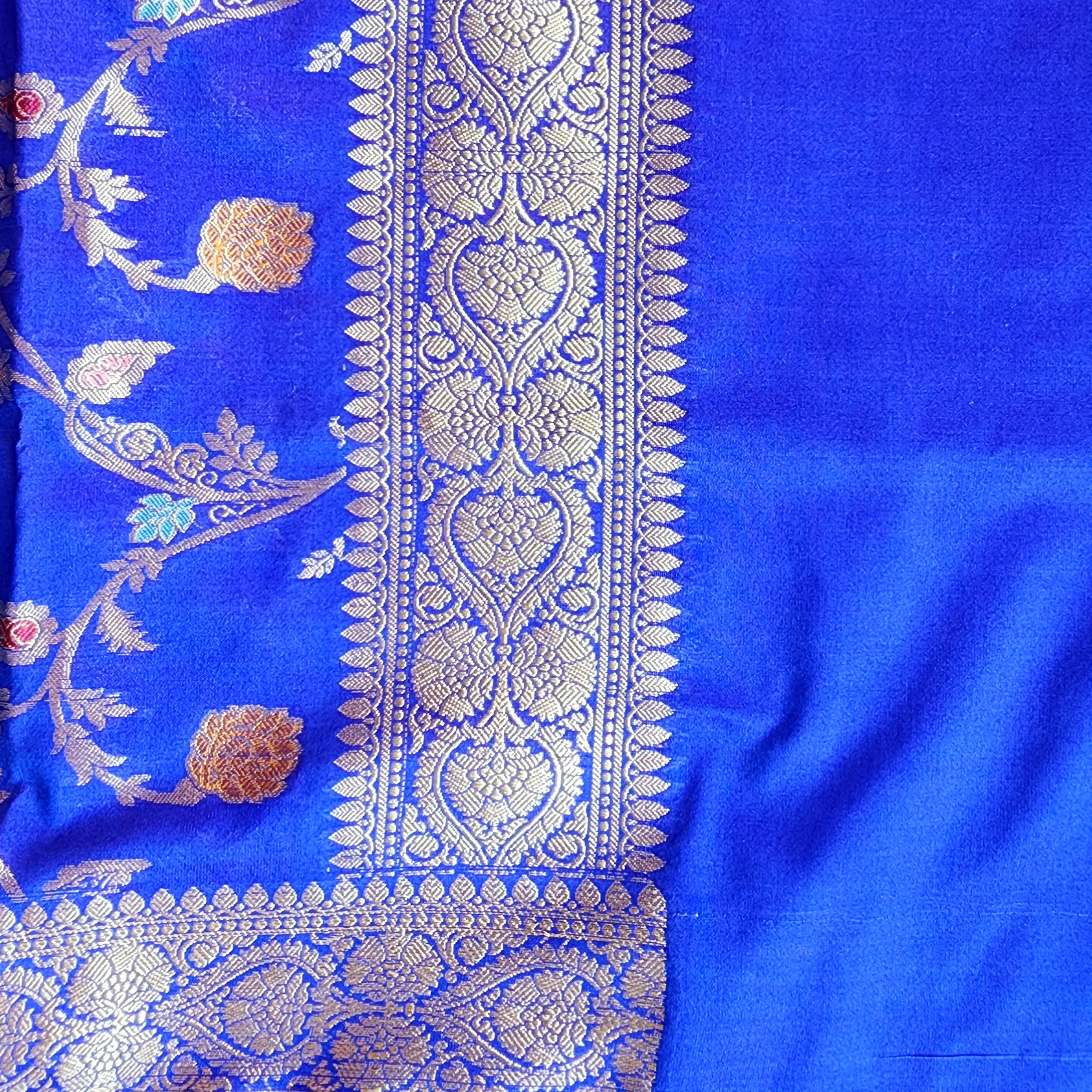 Royal Blue Banarasi Silk Dupatta with Gold Zari Border & Multicolor Meenakari Work