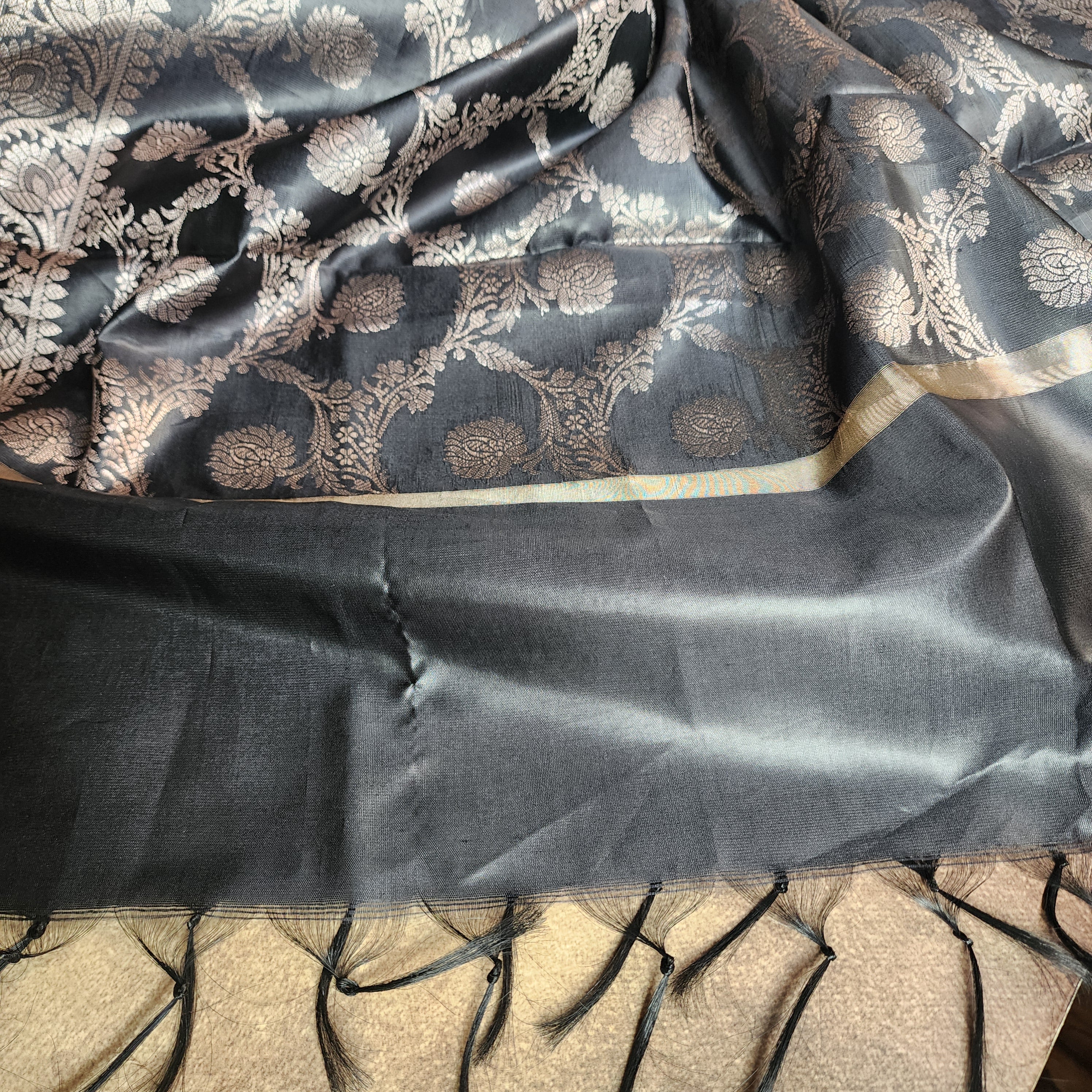 Black Semi Silk Zari Dupatta