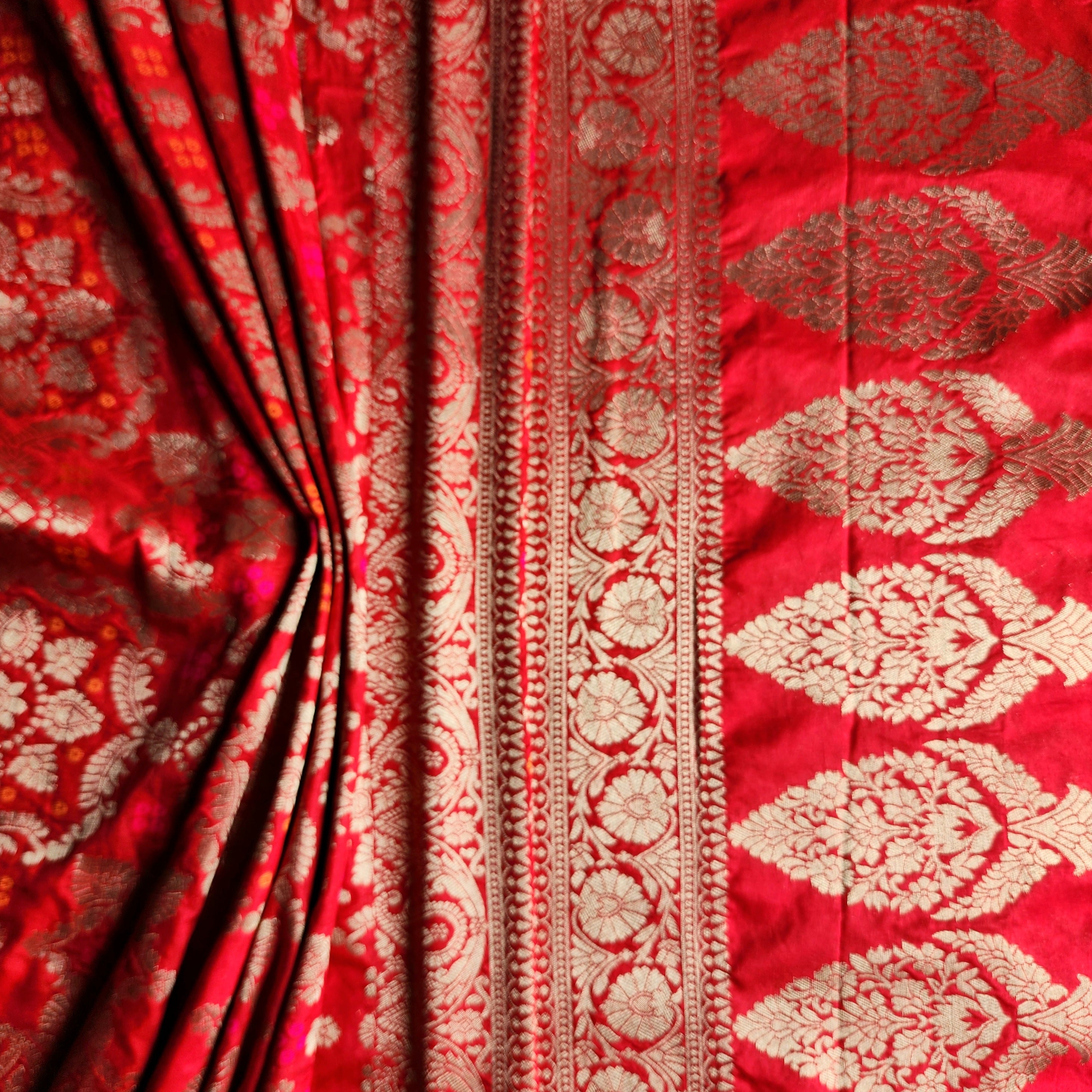Deep Ruby Red Bandhani Dupatta with Floral and Geometric Zari Weave