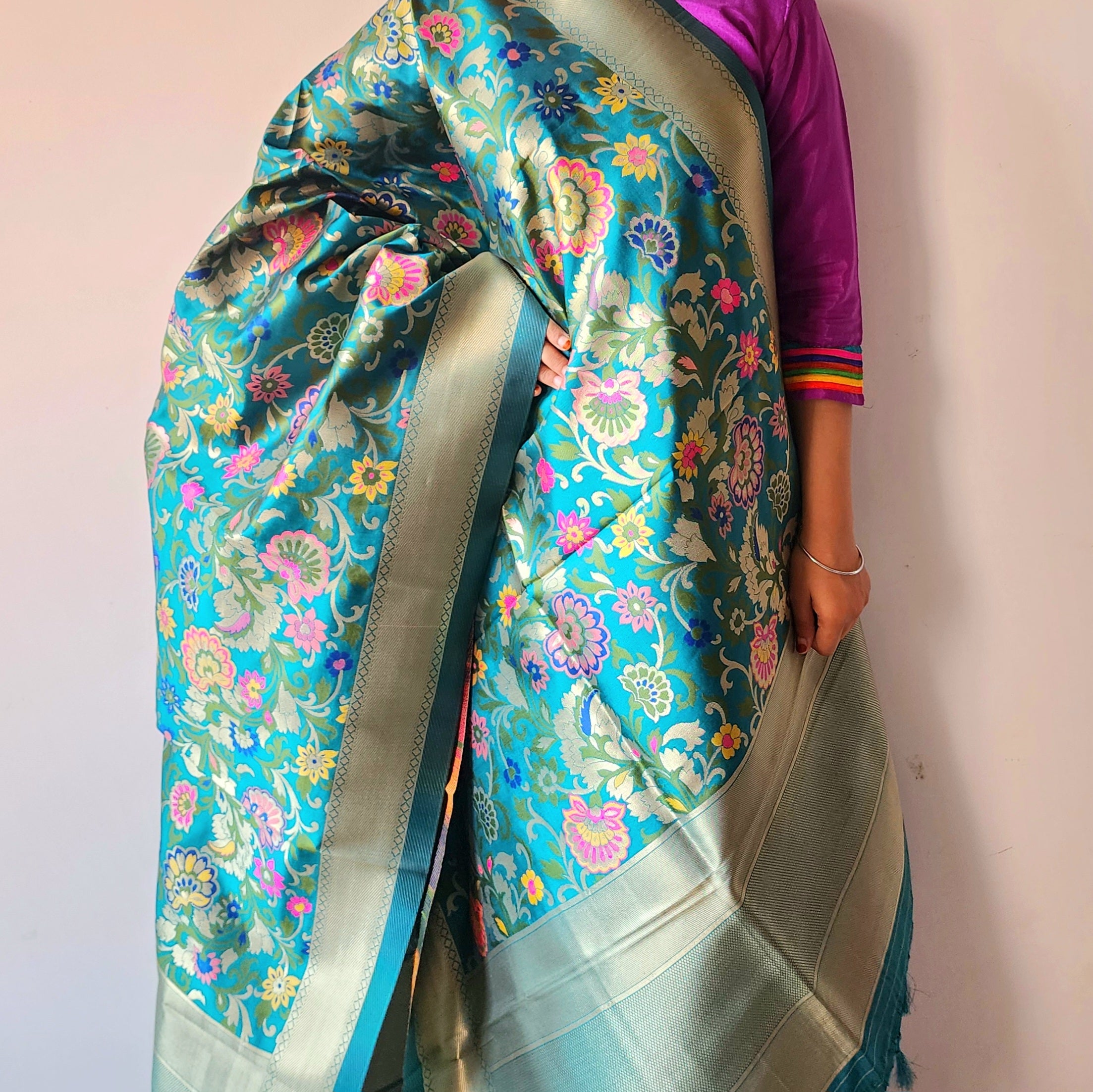 Banarasi Silk Rama Green Dupatta with Multicolor & Gold Floral Handweaving