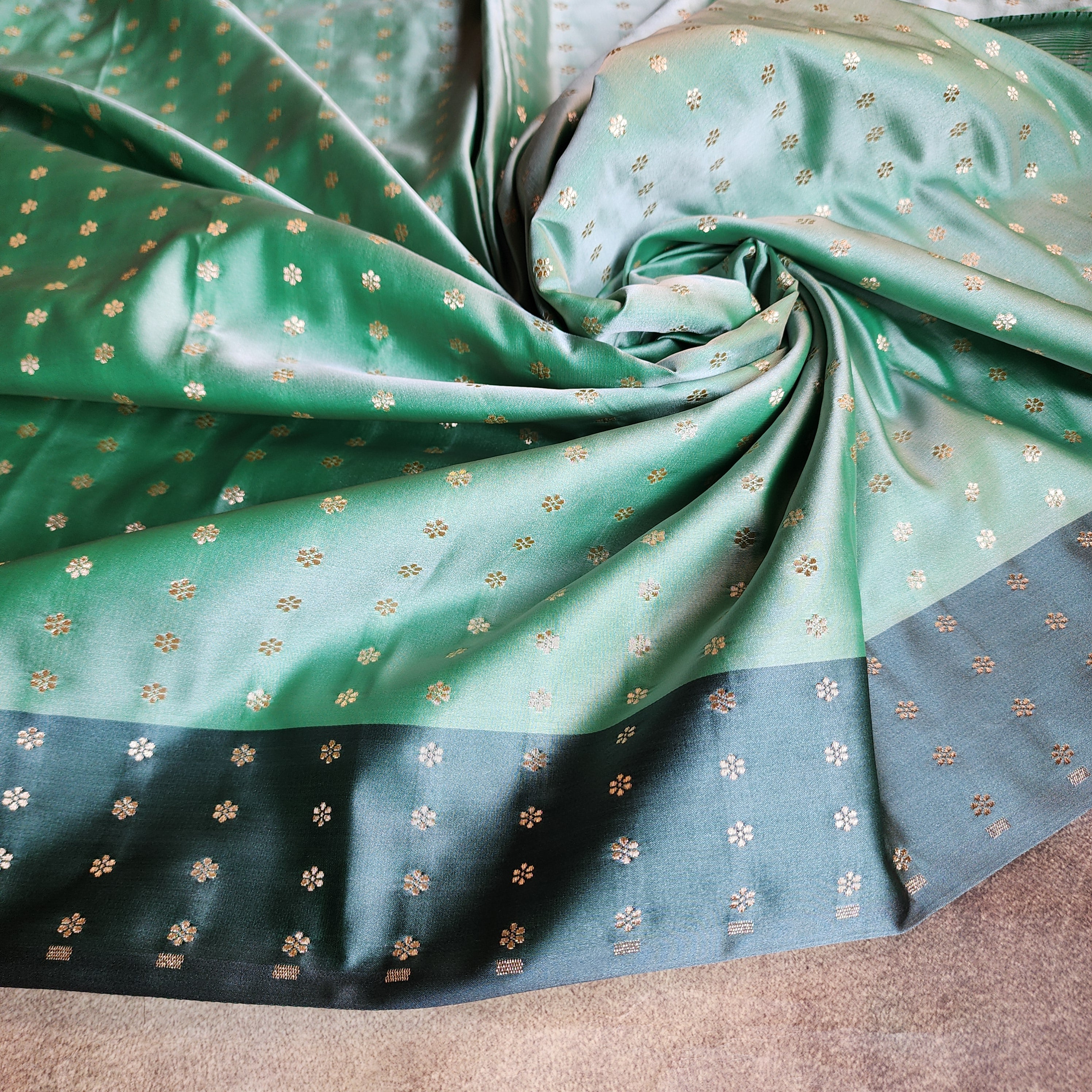 Sea Green Katan Silk Saree with Peacock Green Gold Zari Border