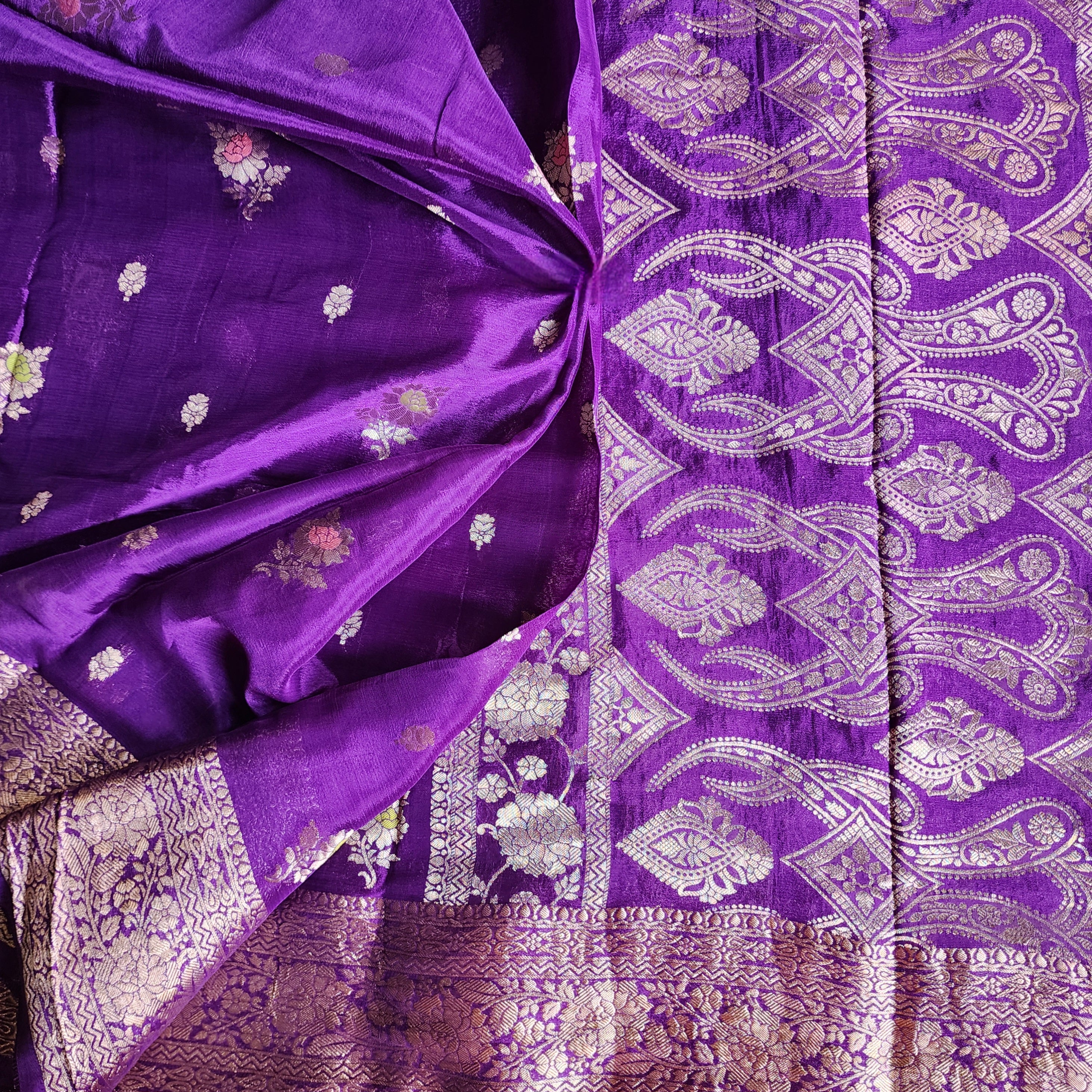 Royal Violet Pure Crepe Silk Saree with Gold Zari Border