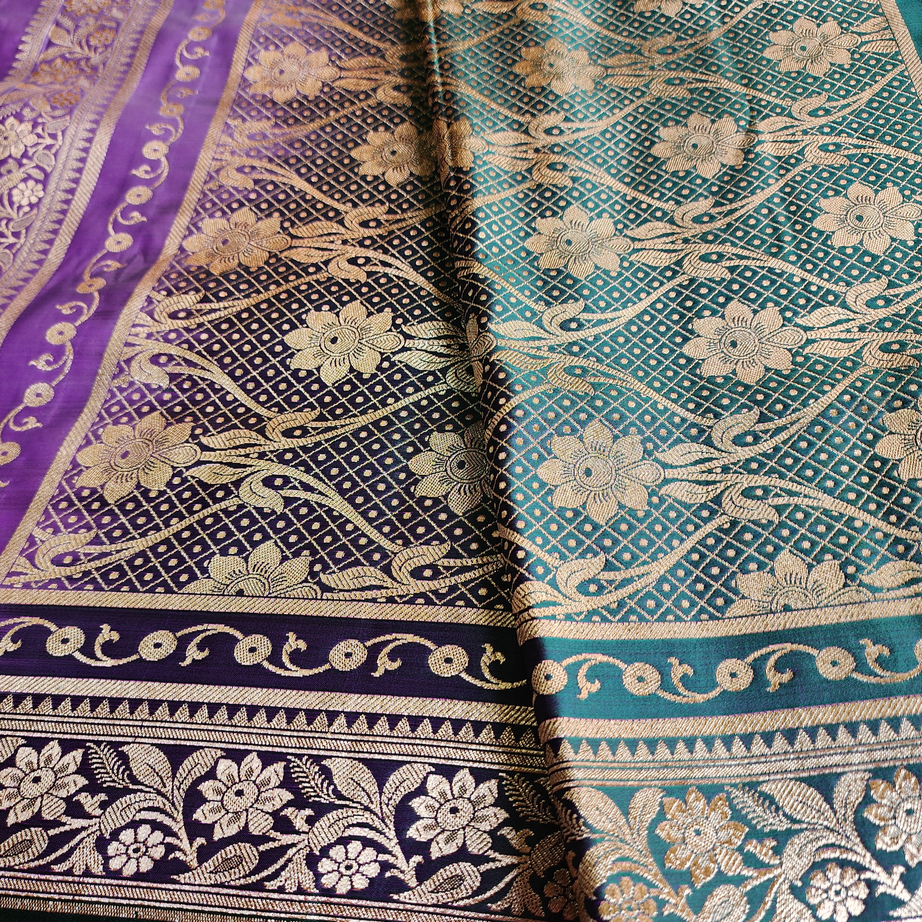Lavender Katan Silk Saree with Emerald Green and Gold Zari Border